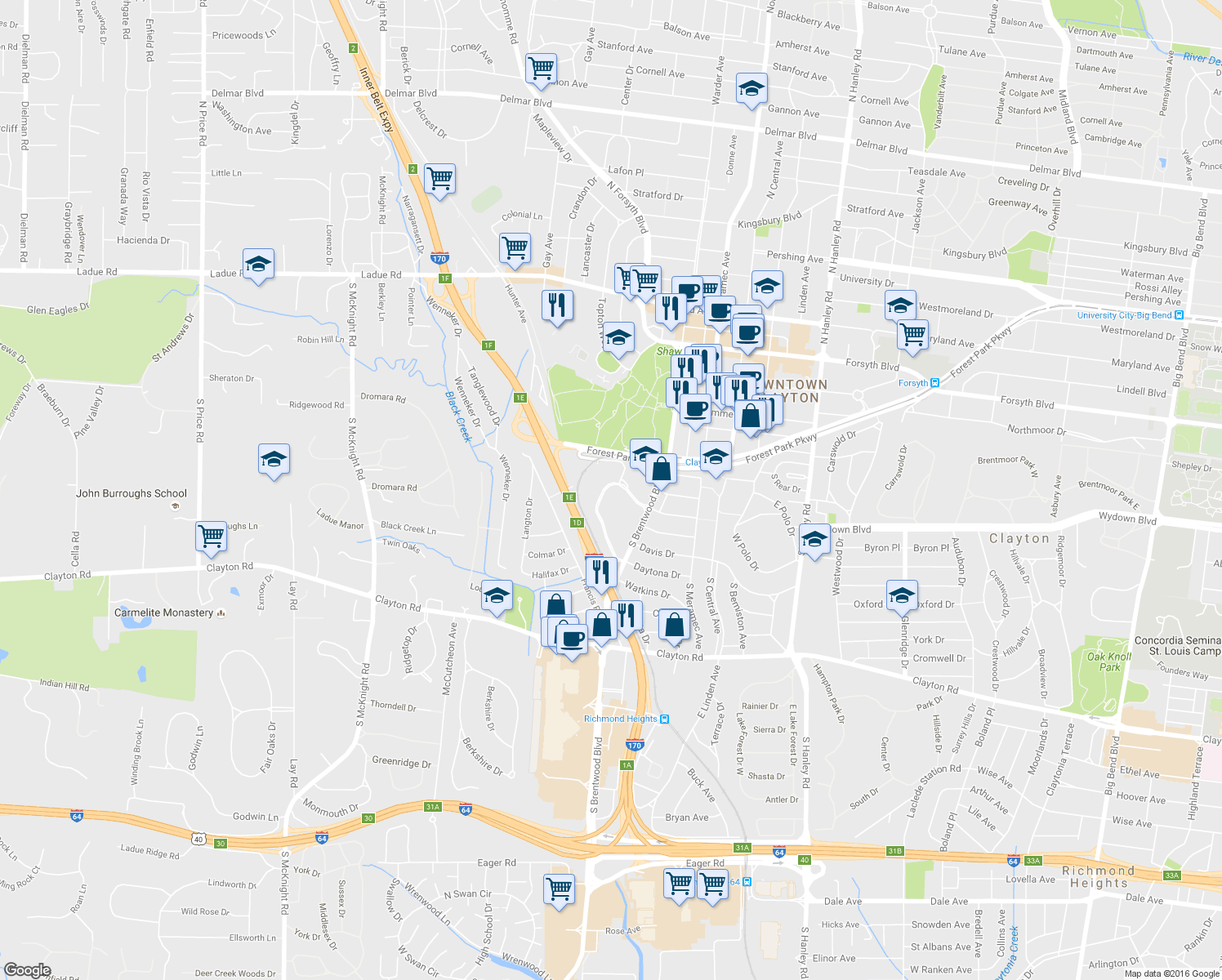 map of restaurants, bars, coffee shops, grocery stores, and more near 500 Corporate Park Drive in Clayton