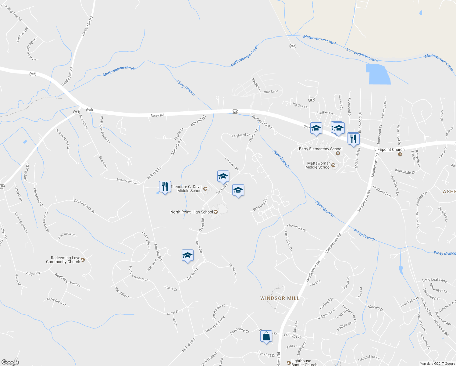 map of restaurants, bars, coffee shops, grocery stores, and more near 2460 Davis Road in Waldorf