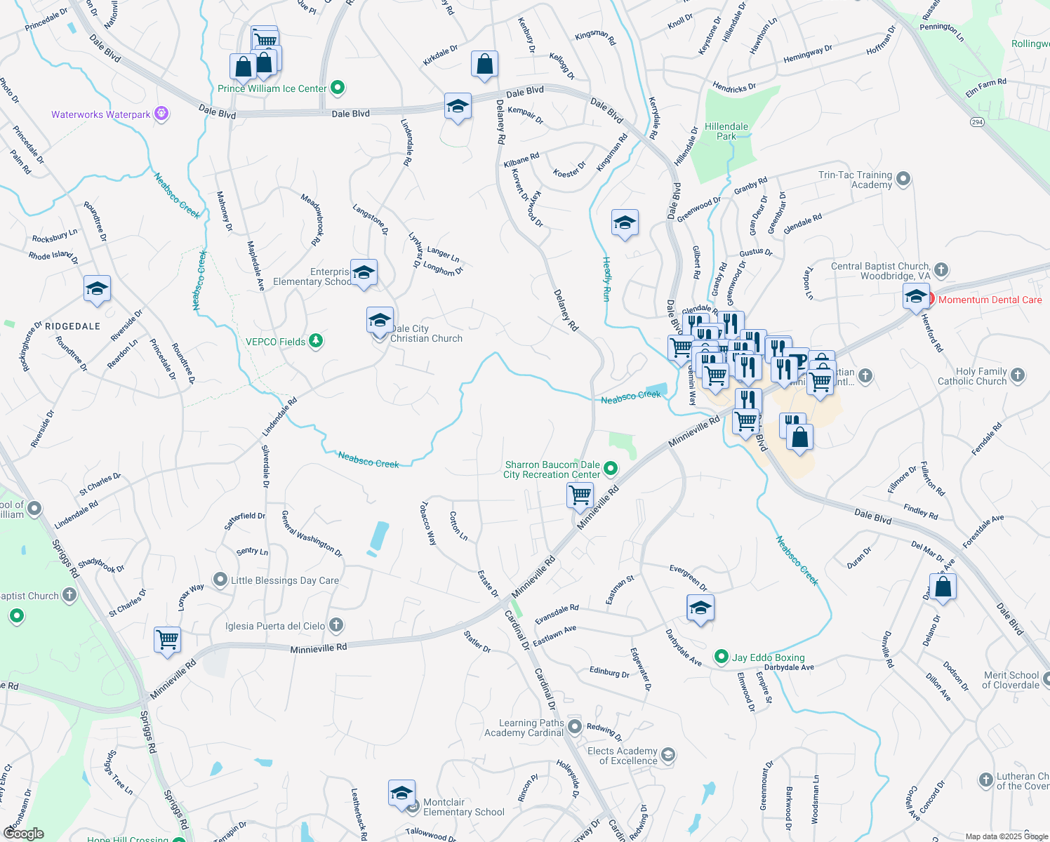 map of restaurants, bars, coffee shops, grocery stores, and more near 4732 Hersand Court in Woodbridge
