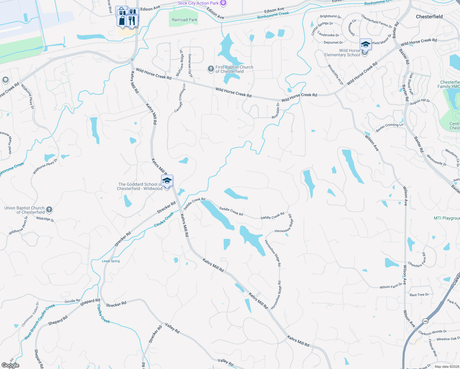 map of restaurants, bars, coffee shops, grocery stores, and more near 16498 Horseshoe Ridge Road in Chesterfield