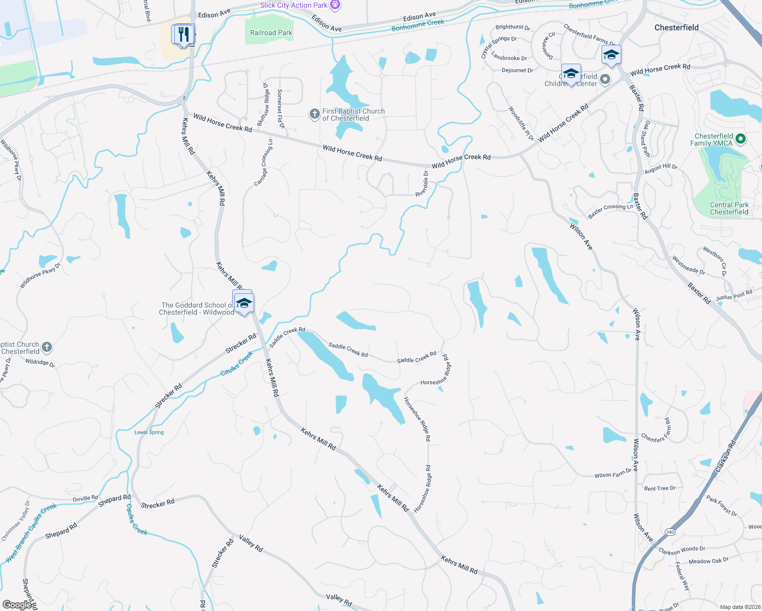 map of restaurants, bars, coffee shops, grocery stores, and more near 16467 Horseshoe Ridge Road in Chesterfield