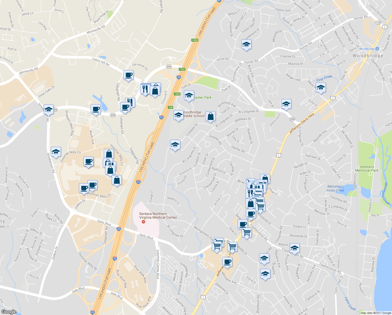 map of restaurants, bars, coffee shops, grocery stores, and more near 14118 Franklin Street in Woodbridge