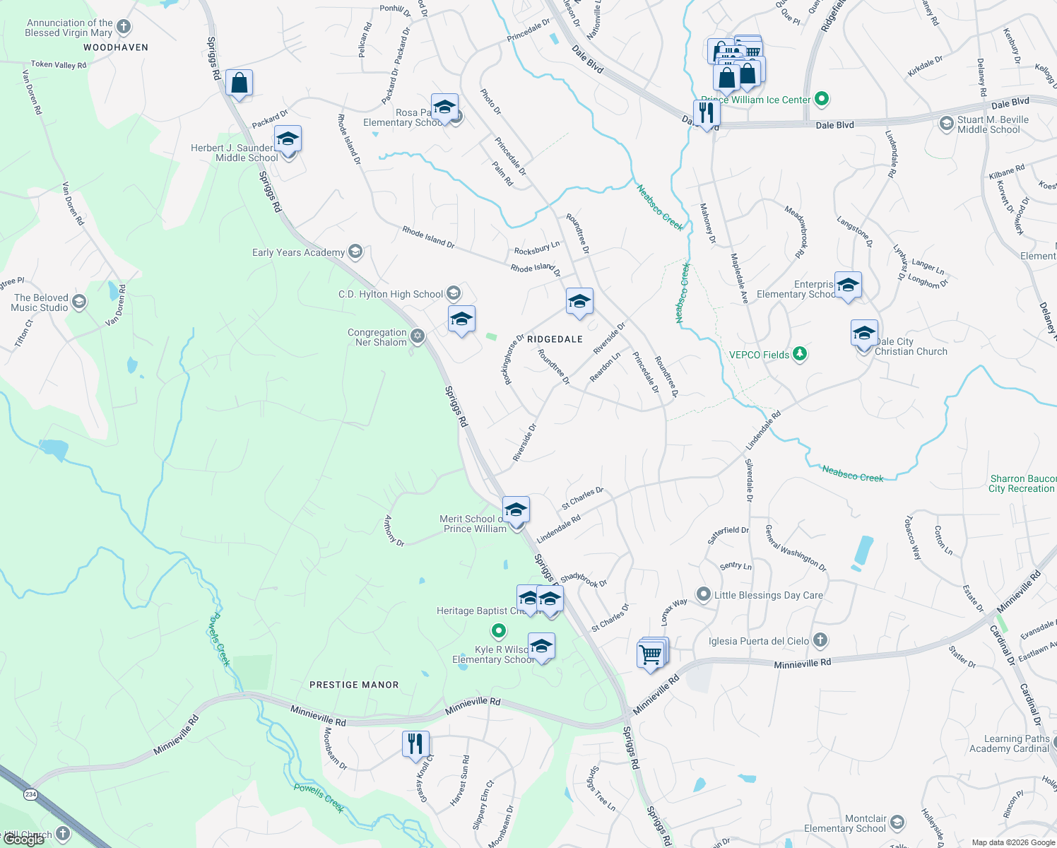 map of restaurants, bars, coffee shops, grocery stores, and more near 14197-14199 Rockinghorse Drive in Dale City