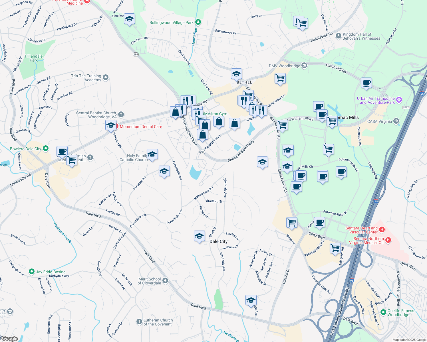map of restaurants, bars, coffee shops, grocery stores, and more near 3293 Gina Pl in Woodbridge