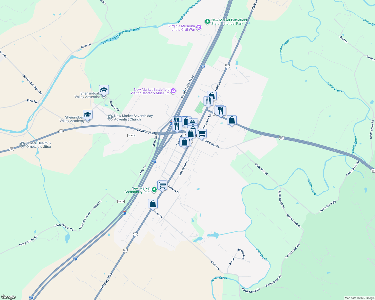 map of restaurants, bars, coffee shops, grocery stores, and more near 9460 South Congress Street in New Market