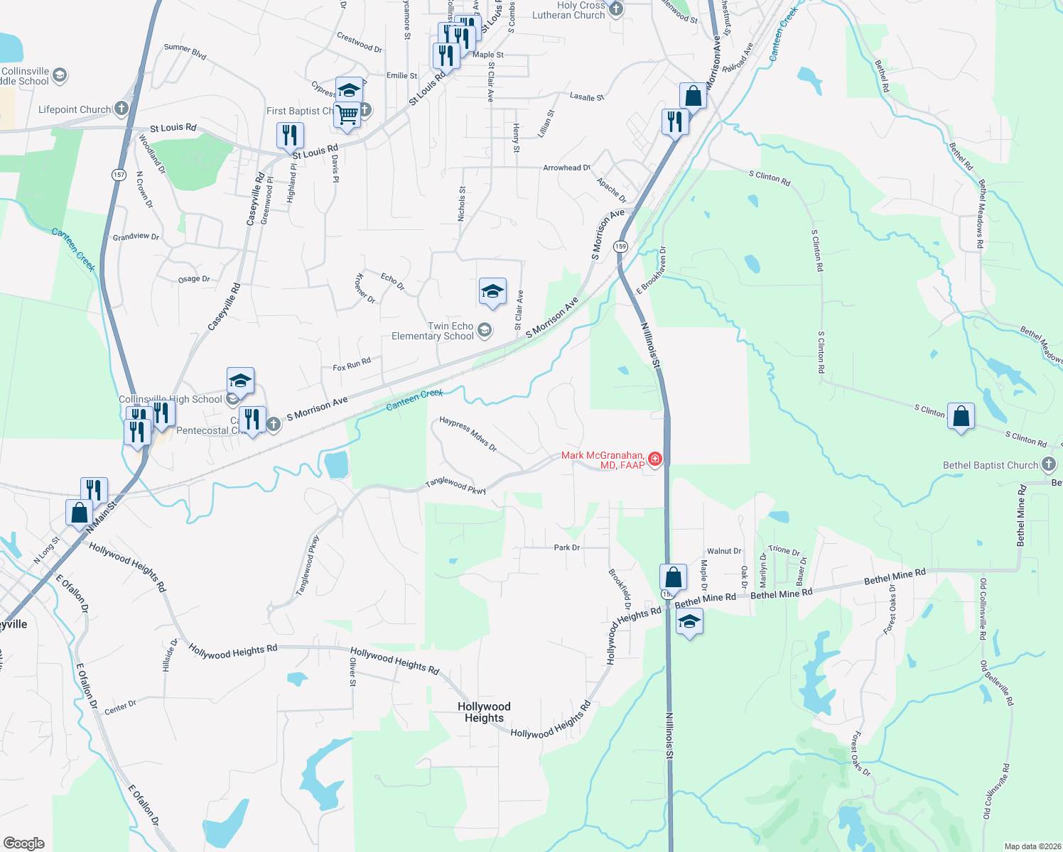 map of restaurants, bars, coffee shops, grocery stores, and more near 40 West Brookhaven Drive in Caseyville
