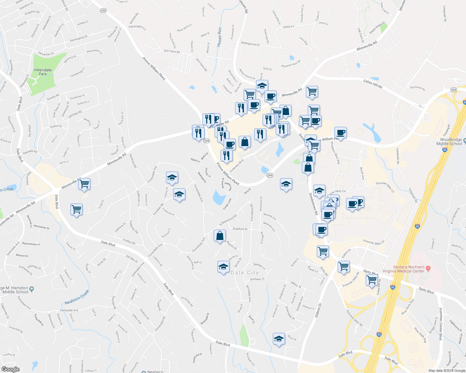 map of restaurants, bars, coffee shops, grocery stores, and more near 3360 Nadia Loop in Woodbridge