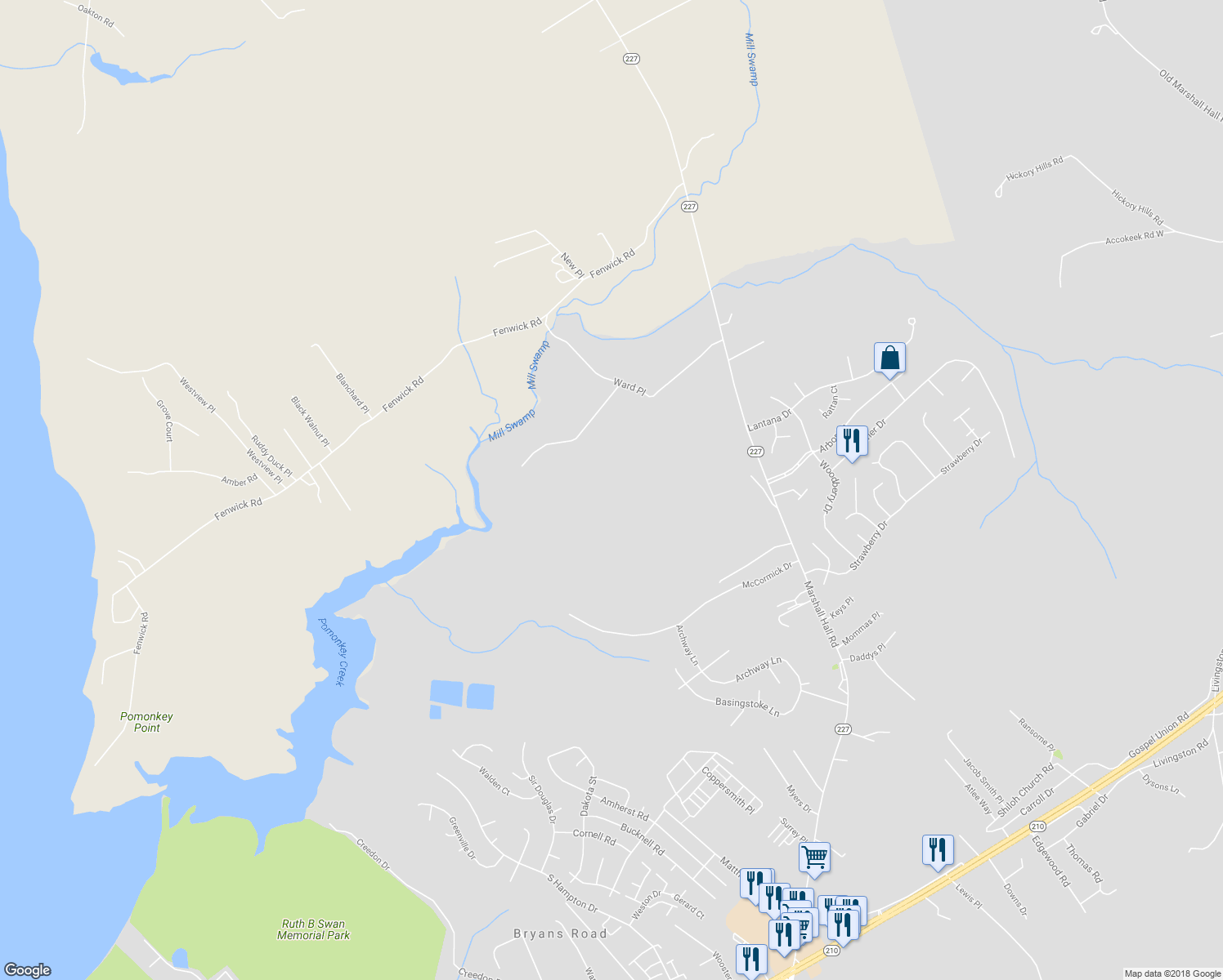 map of restaurants, bars, coffee shops, grocery stores, and more near 6740 Simms Mill Place in Bryans Road