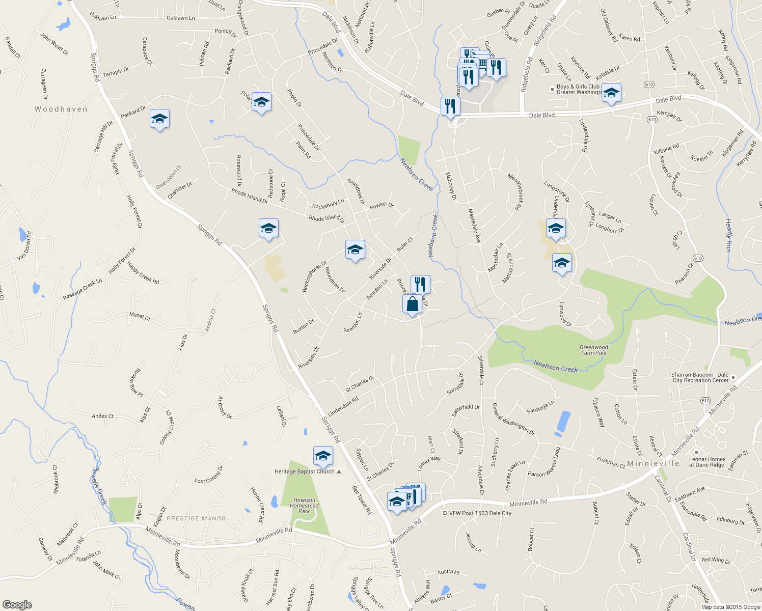 map of restaurants, bars, coffee shops, grocery stores, and more near 14156 Renegade Ct in Woodbridge