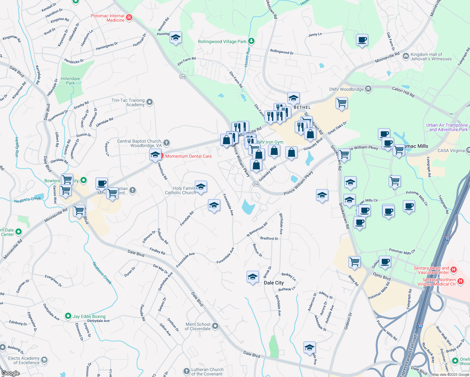 map of restaurants, bars, coffee shops, grocery stores, and more near 14203 Madrigal Dr in Woodbridge