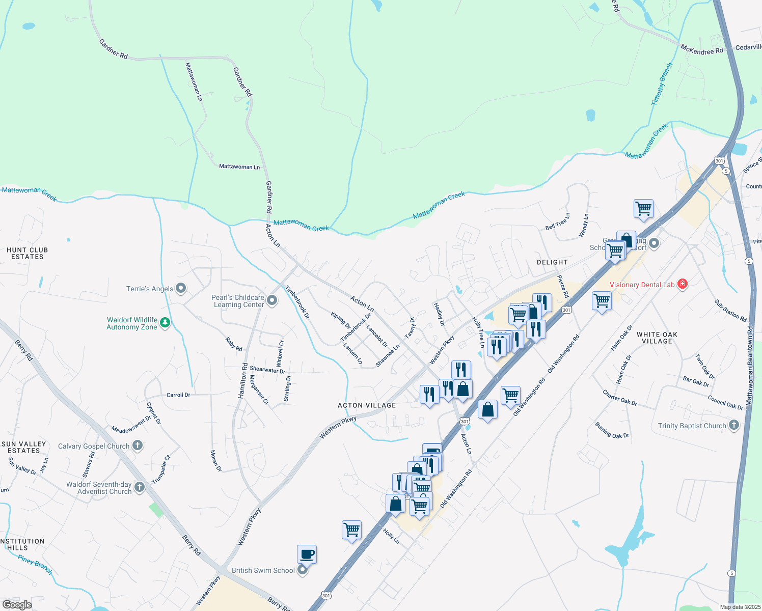 map of restaurants, bars, coffee shops, grocery stores, and more near 11748 Torcello Court in Waldorf