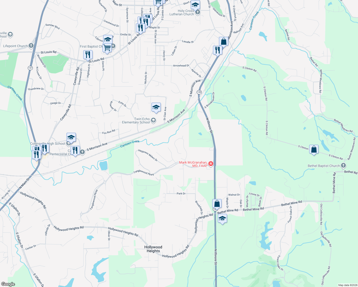 map of restaurants, bars, coffee shops, grocery stores, and more near 40 West Brookhaven Drive in Caseyville