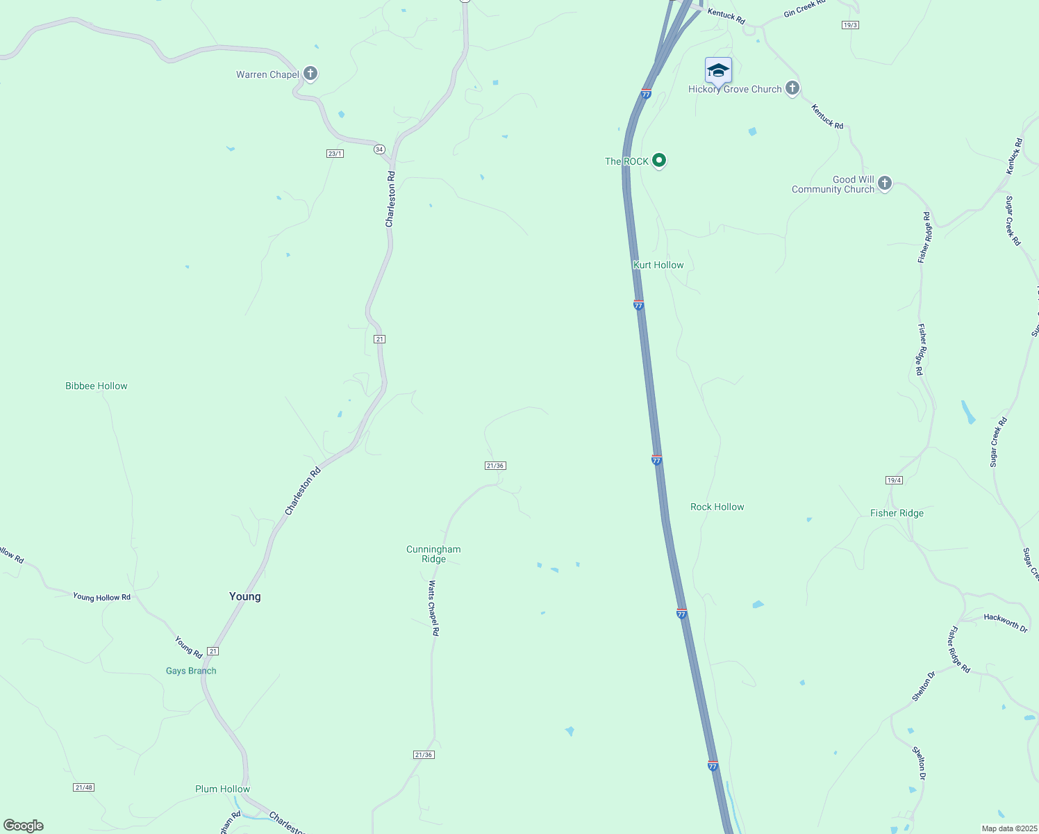 map of restaurants, bars, coffee shops, grocery stores, and more near 104 Boggess Road in Kenna