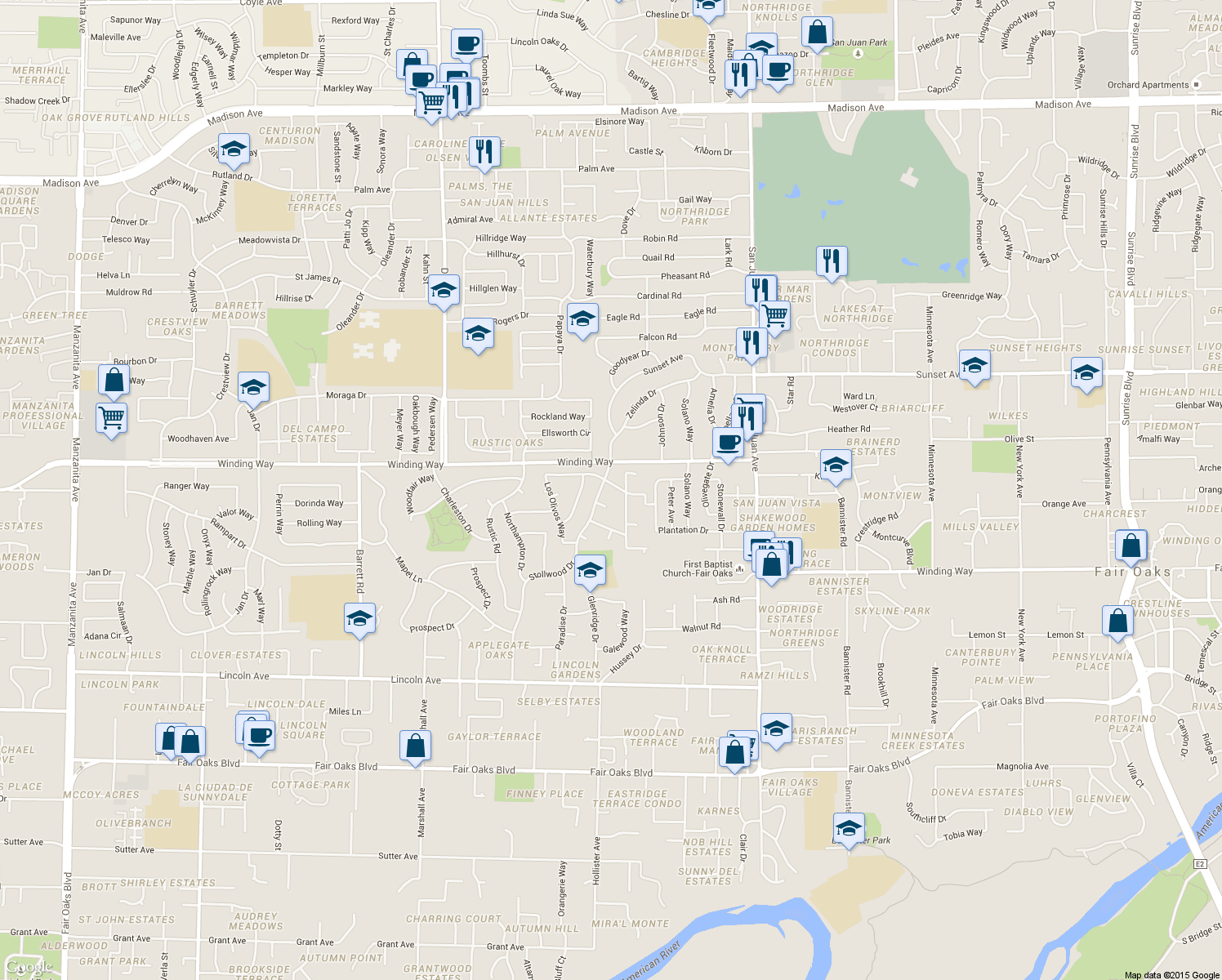 map of restaurants, bars, coffee shops, grocery stores, and more near 4621 Ladera Way in Carmichael