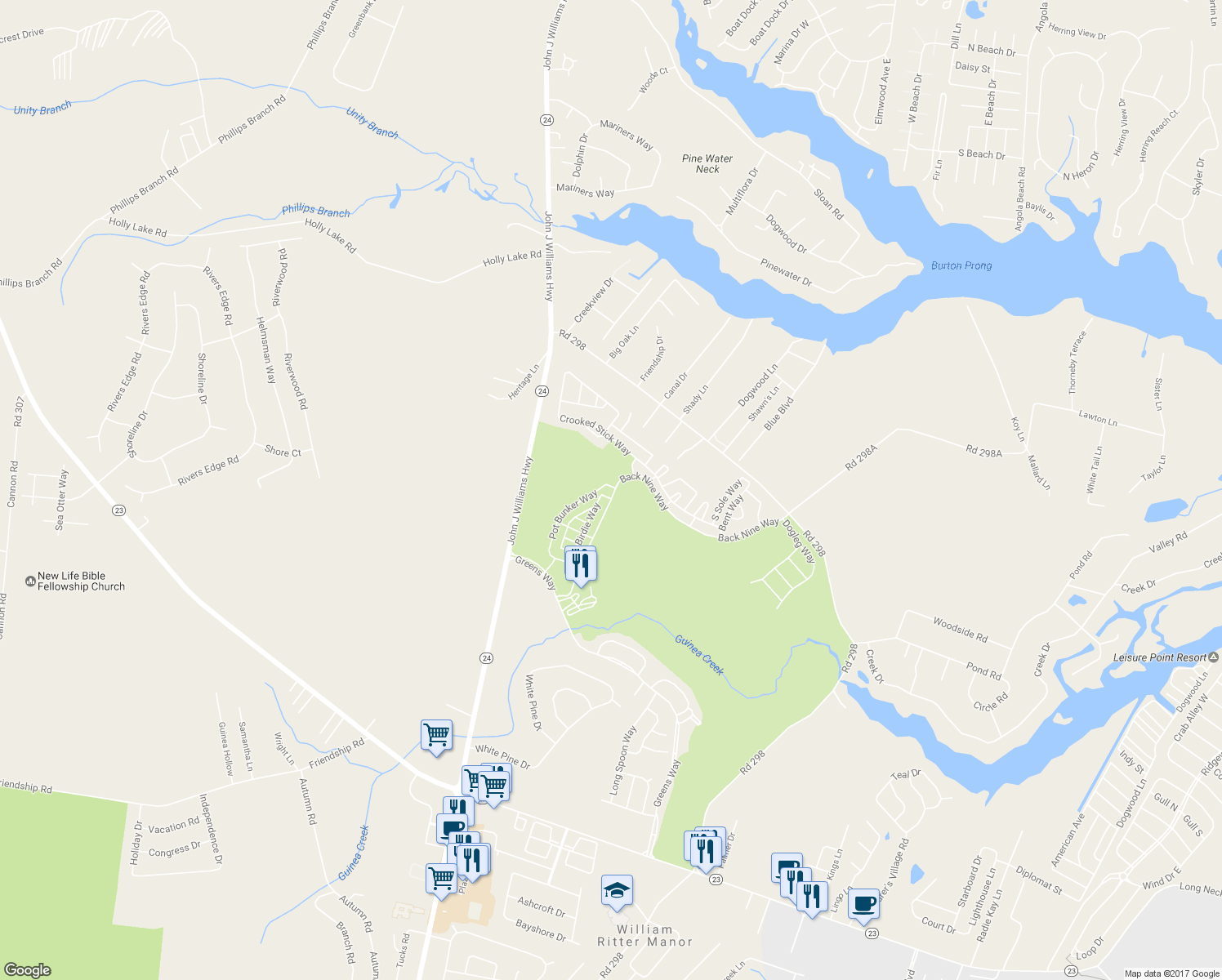 map of restaurants, bars, coffee shops, grocery stores, and more near 25010 Pot Bunker Way in Millsboro