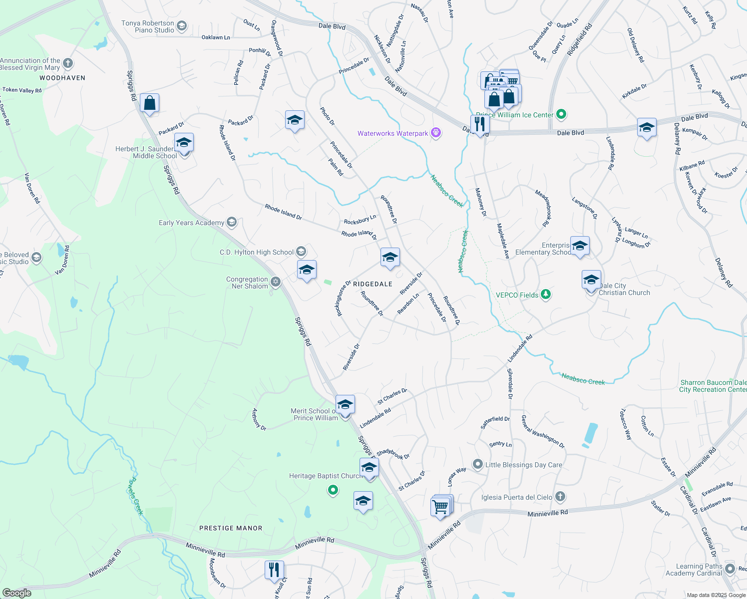 map of restaurants, bars, coffee shops, grocery stores, and more near 5575 Roundtree Drive in Woodbridge