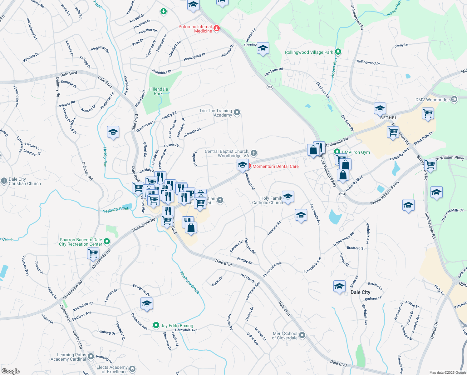 map of restaurants, bars, coffee shops, grocery stores, and more near 14053 Fallbrook Ln in Woodbridge