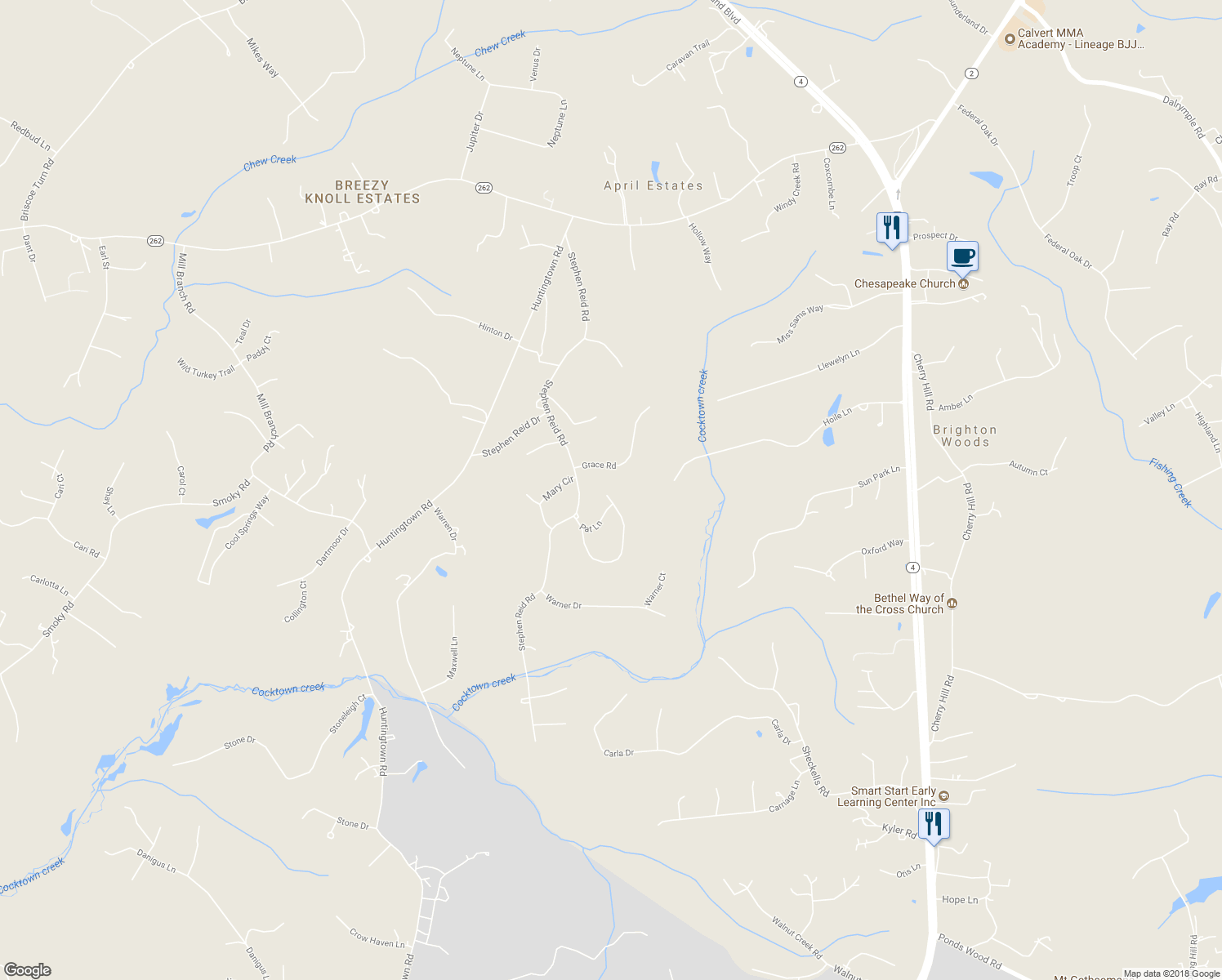 map of restaurants, bars, coffee shops, grocery stores, and more near 860 Pat Lane in Huntingtown