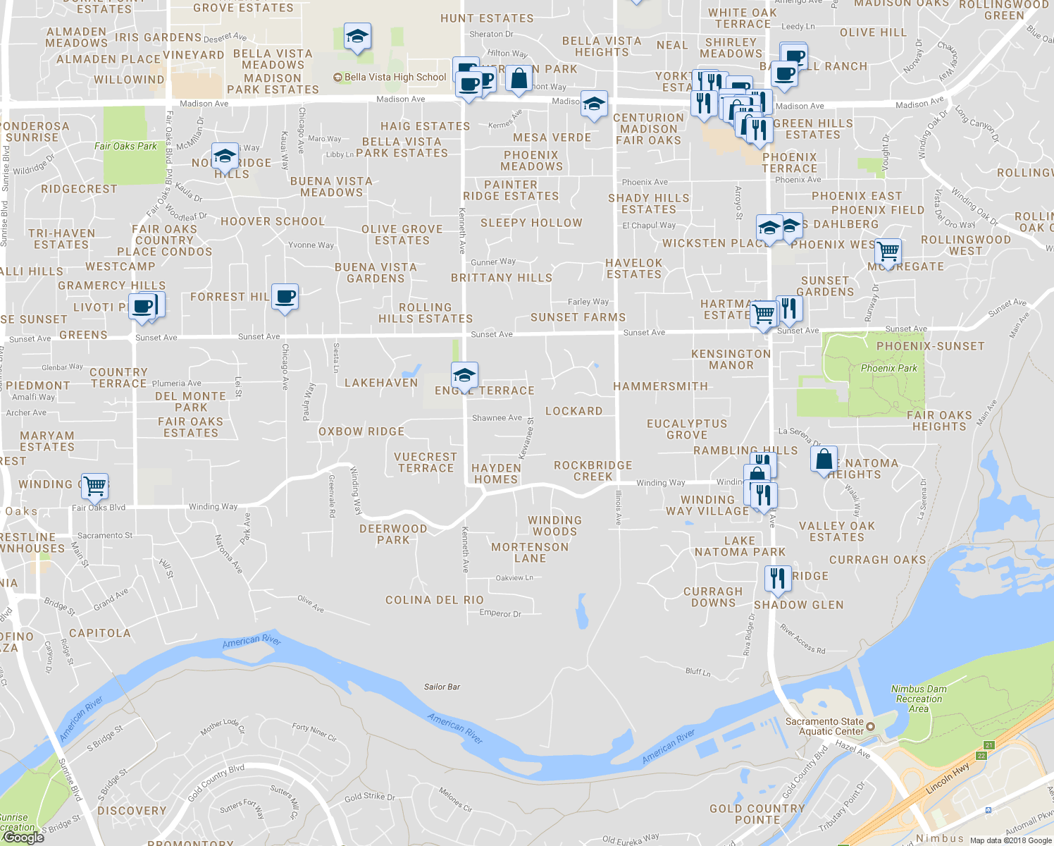 map of restaurants, bars, coffee shops, grocery stores, and more near 4601 Kewanee Street in Fair Oaks