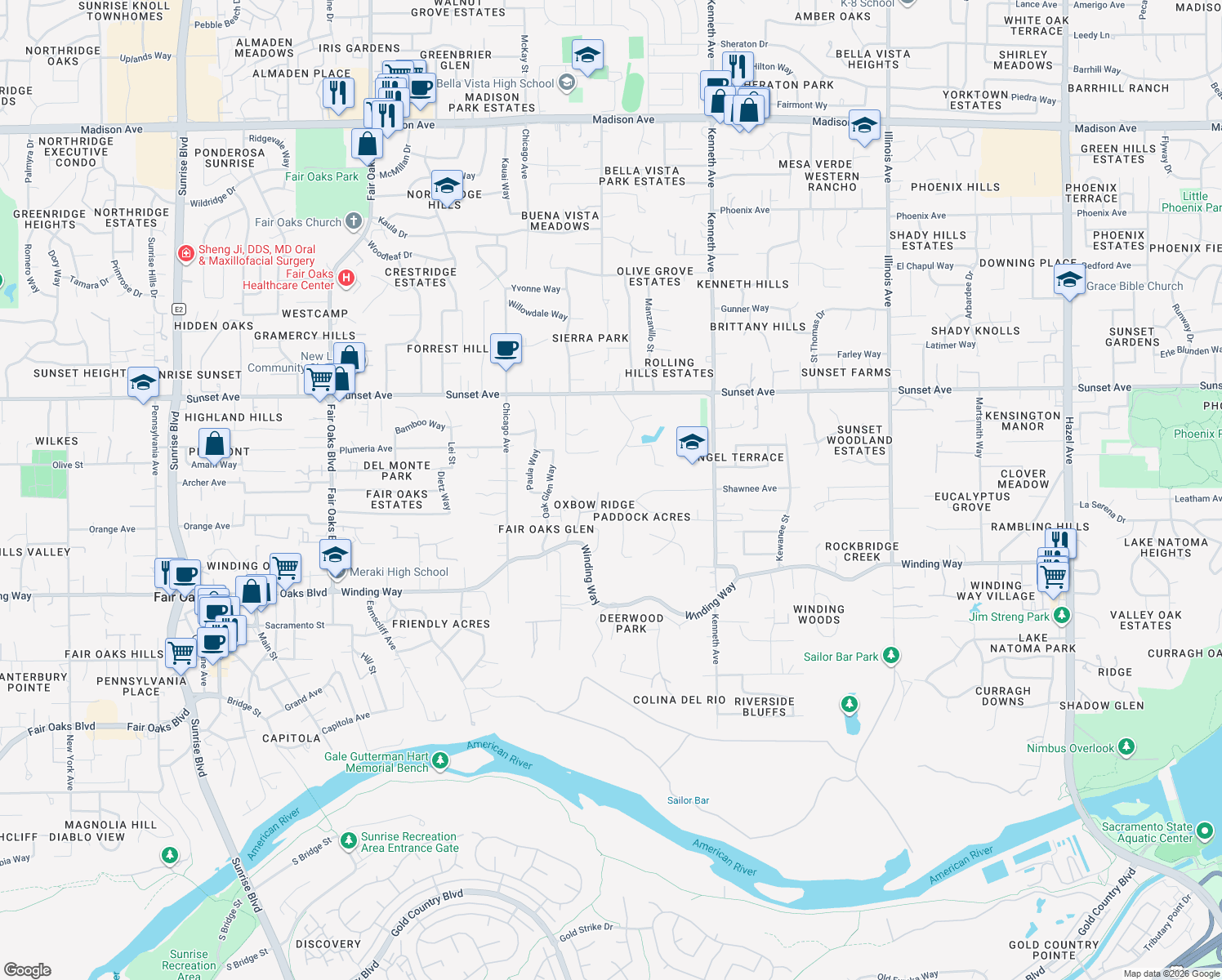 map of restaurants, bars, coffee shops, grocery stores, and more near 4580 Oxbow Ridge Place in Fair Oaks