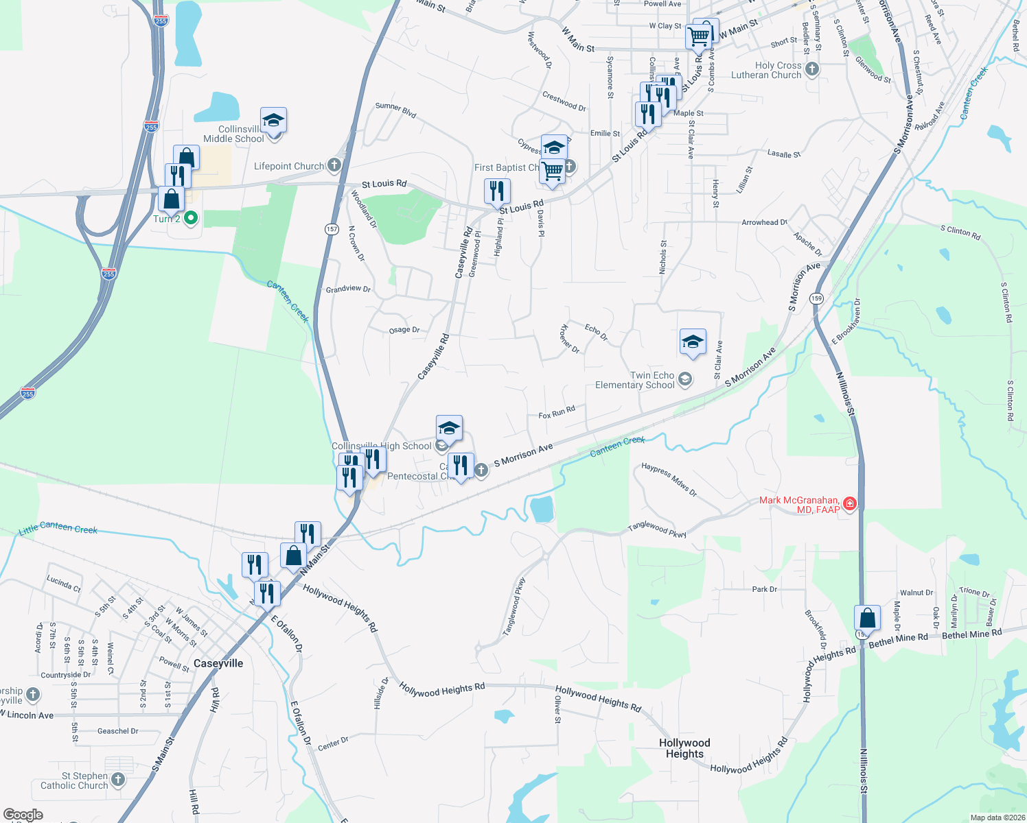 map of restaurants, bars, coffee shops, grocery stores, and more near 15 Woodbine Court in Collinsville