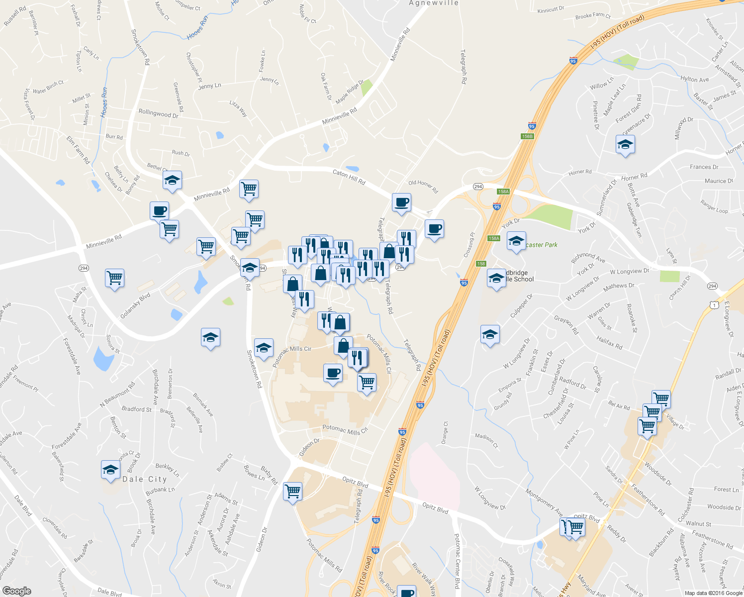 map of restaurants, bars, coffee shops, grocery stores, and more near 2645 Prince William Parkway in Woodbridge
