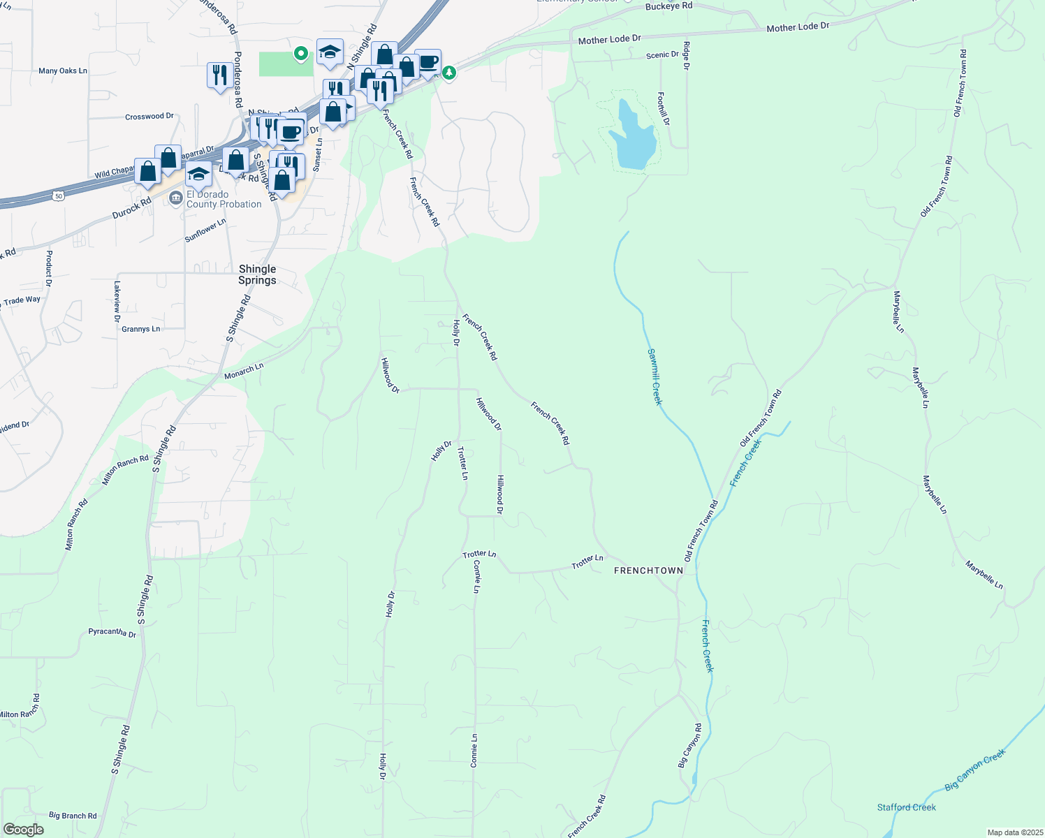 map of restaurants, bars, coffee shops, grocery stores, and more near 4546 French Creek Road in Shingle Springs