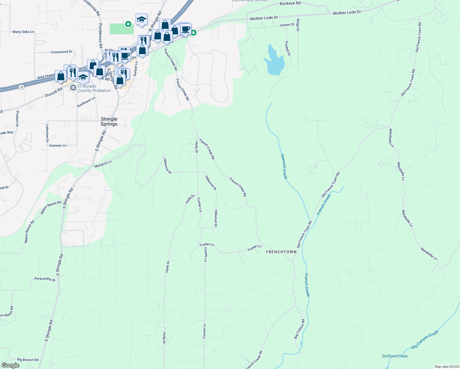 map of restaurants, bars, coffee shops, grocery stores, and more near 4546 French Creek Road in Shingle Springs