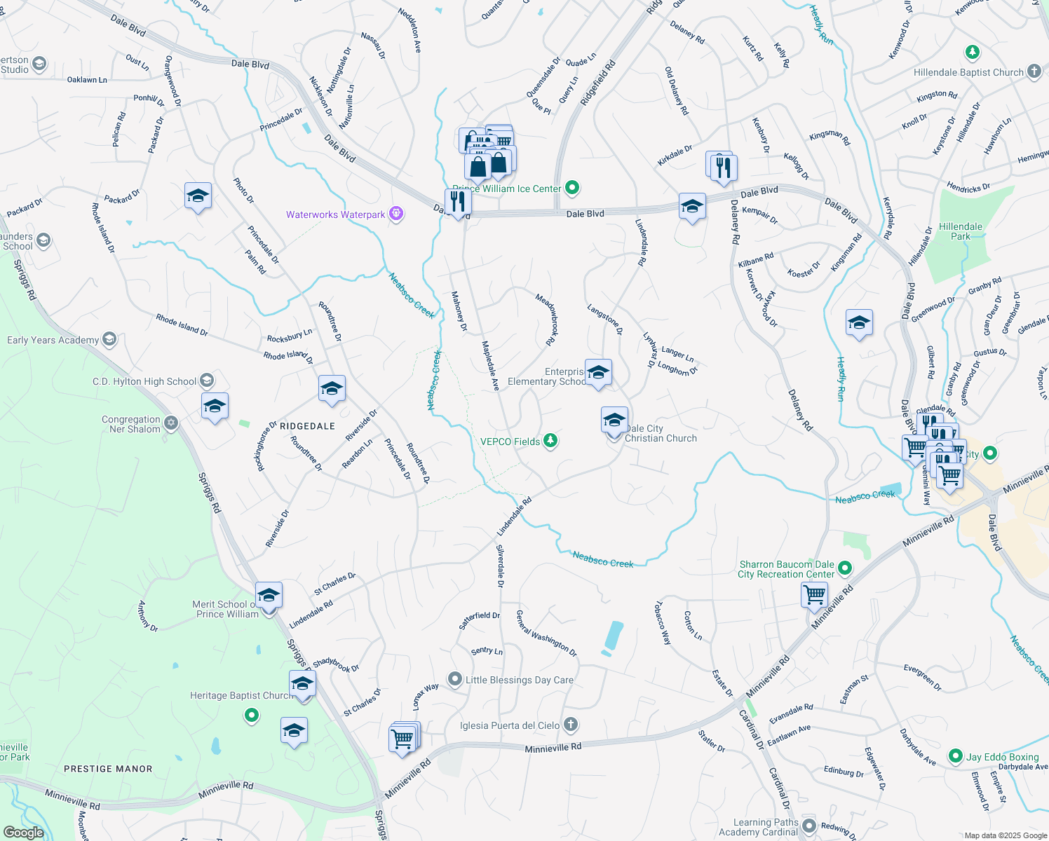 map of restaurants, bars, coffee shops, grocery stores, and more near 13891 Montoclair Lane in Woodbridge