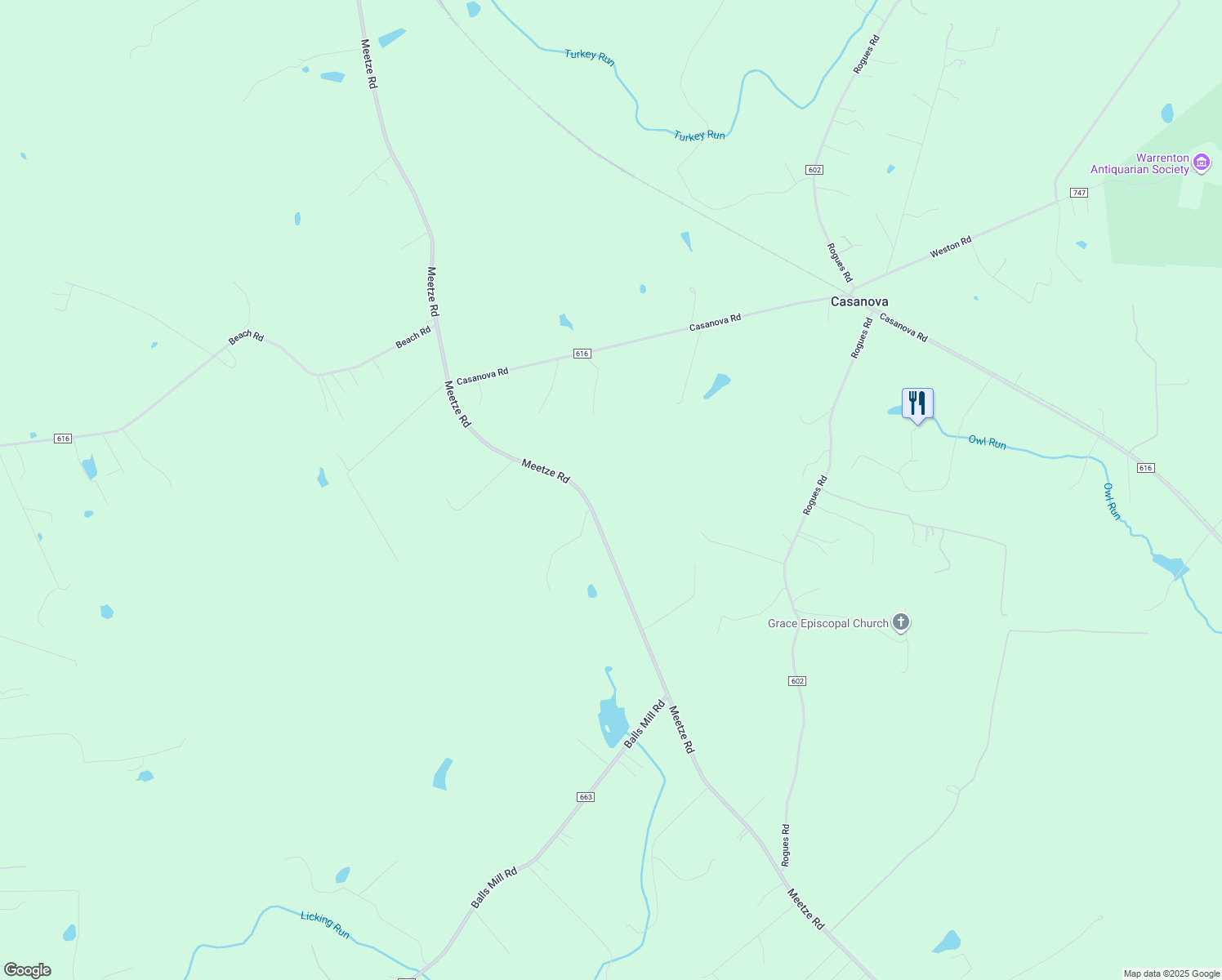 map of restaurants, bars, coffee shops, grocery stores, and more near 9399 Meetze Road in Midland