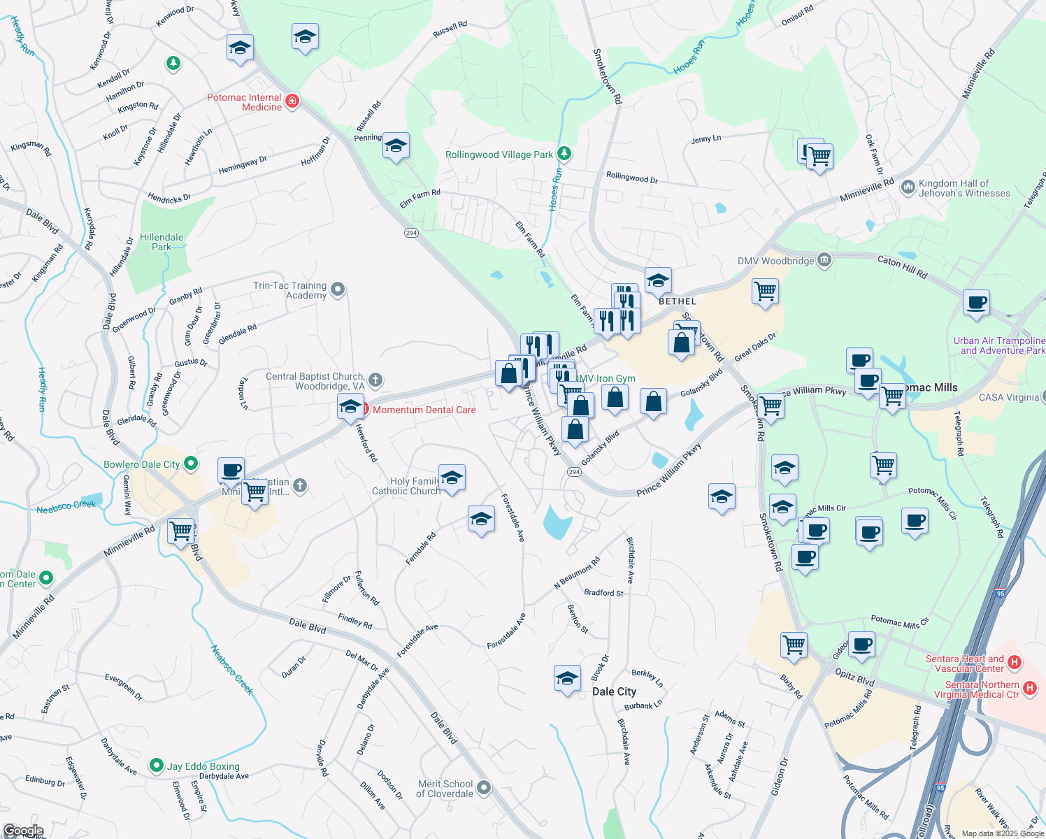 map of restaurants, bars, coffee shops, grocery stores, and more near 14010 Madrigal Drive in Woodbridge