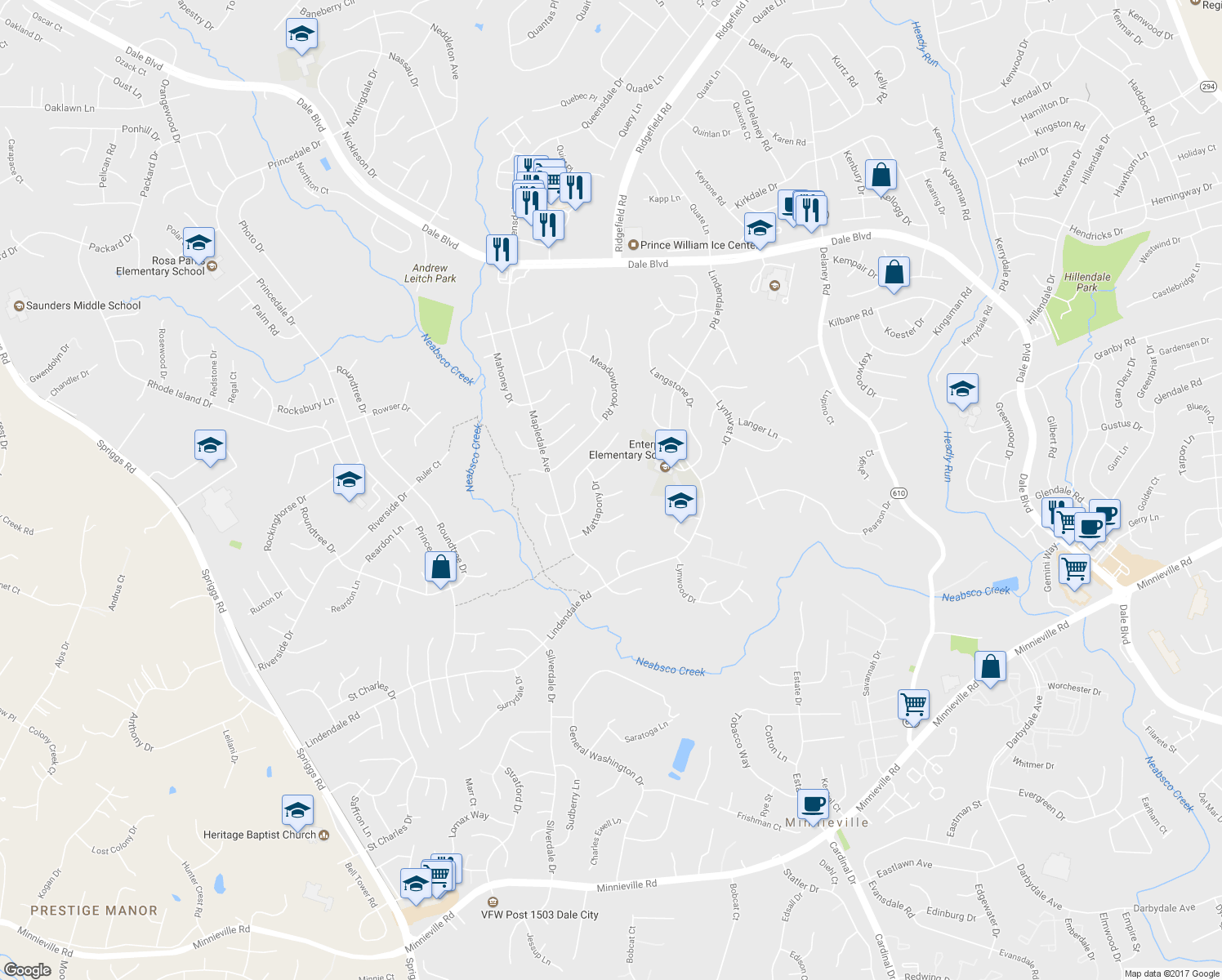 map of restaurants, bars, coffee shops, grocery stores, and more near 5248 Meckon Court in Woodbridge