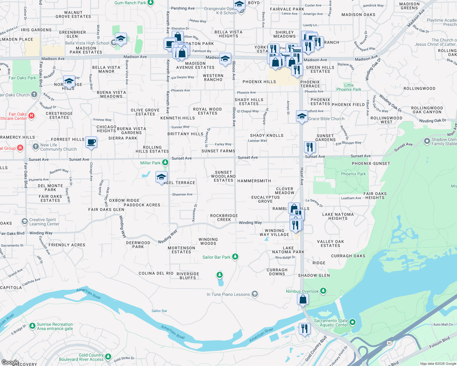 map of restaurants, bars, coffee shops, grocery stores, and more near 8689 Creekwood Way in Fair Oaks