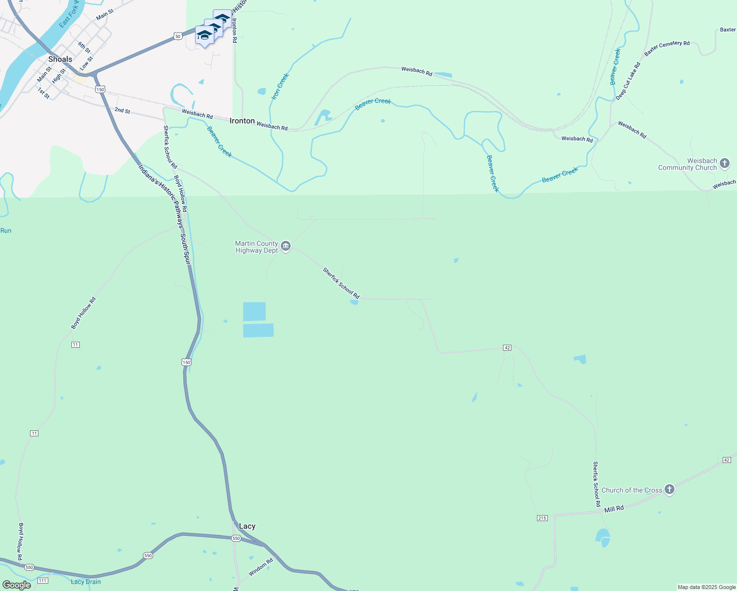 map of restaurants, bars, coffee shops, grocery stores, and more near 10592 Sherfick School Road in Shoals
