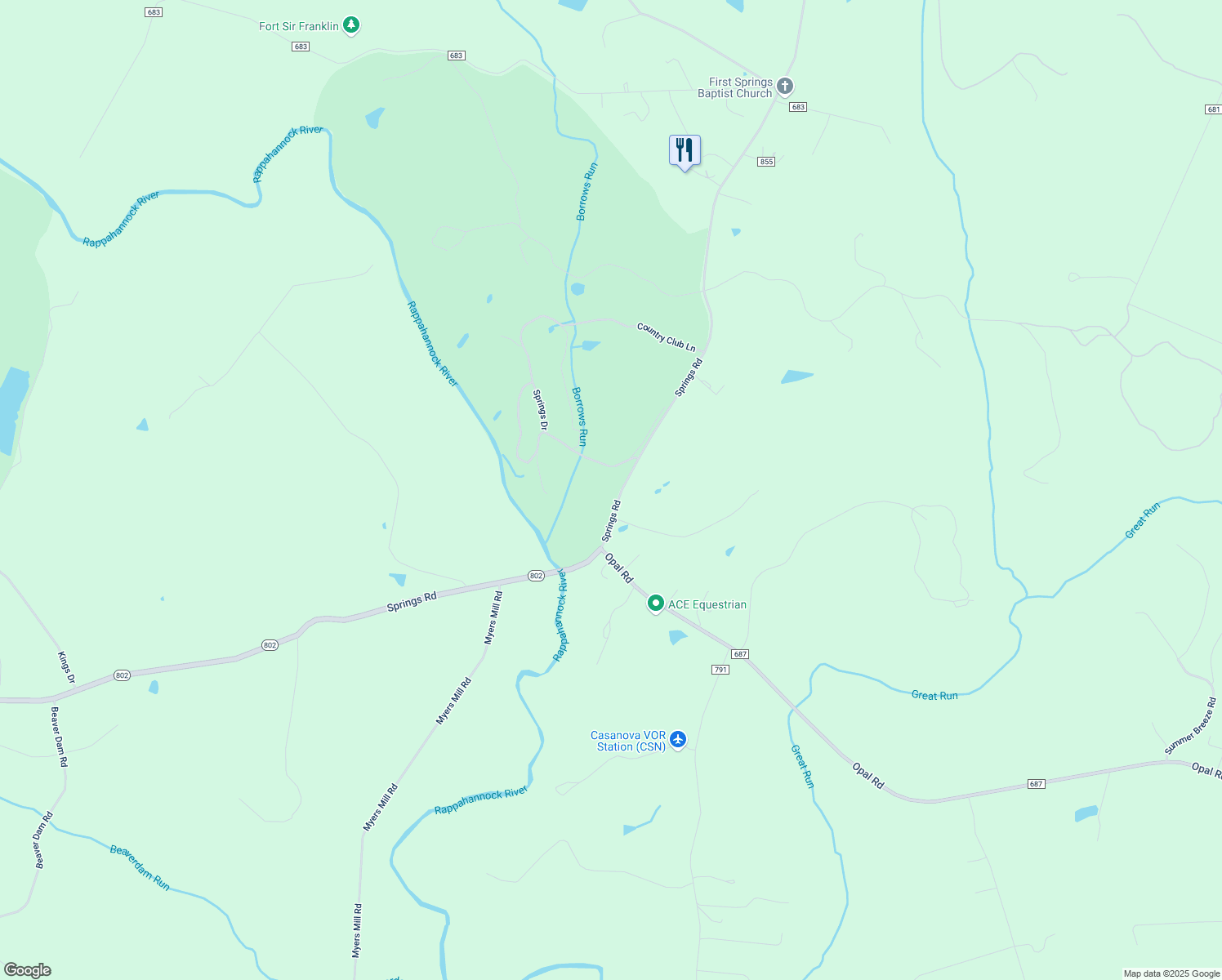 map of restaurants, bars, coffee shops, grocery stores, and more near 9636 Springs Rd in Warrenton