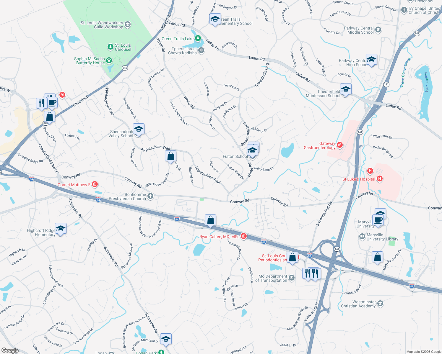map of restaurants, bars, coffee shops, grocery stores, and more near 1280 Winema Drive in Chesterfield