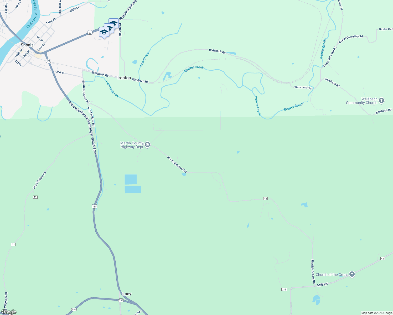 map of restaurants, bars, coffee shops, grocery stores, and more near 10592 Sherfick School Road in Shoals