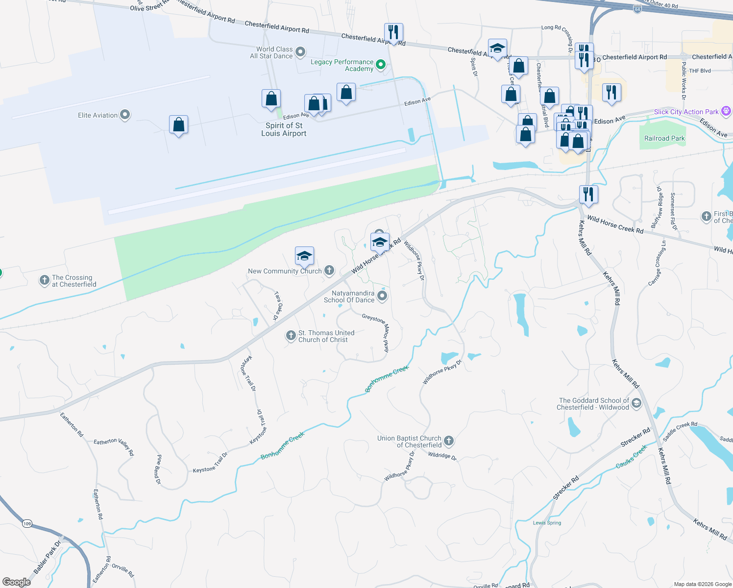 map of restaurants, bars, coffee shops, grocery stores, and more near 17813 Greyabbey Court in Chesterfield
