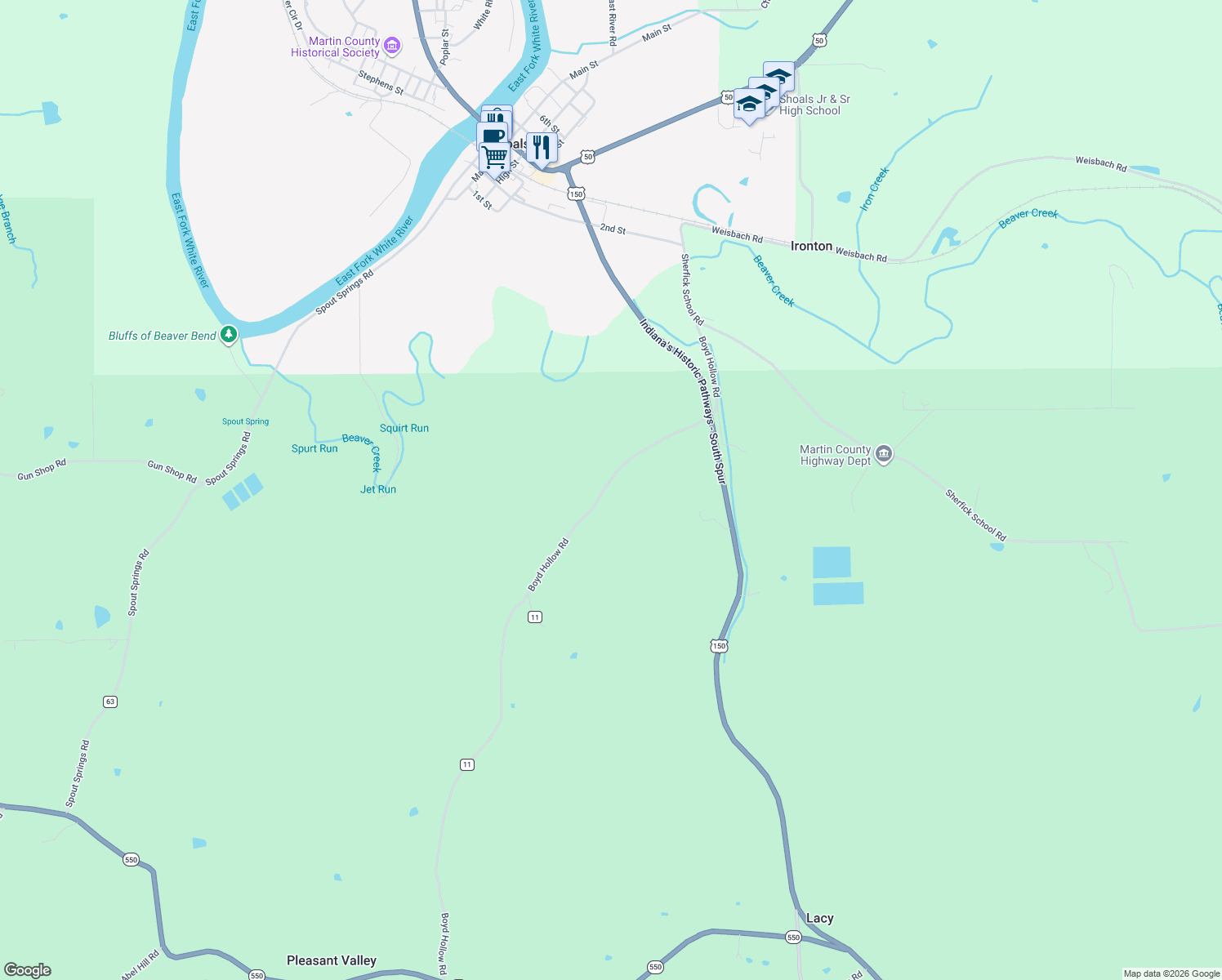 map of restaurants, bars, coffee shops, grocery stores, and more near 10520 Boyd Hollow Road in Shoals