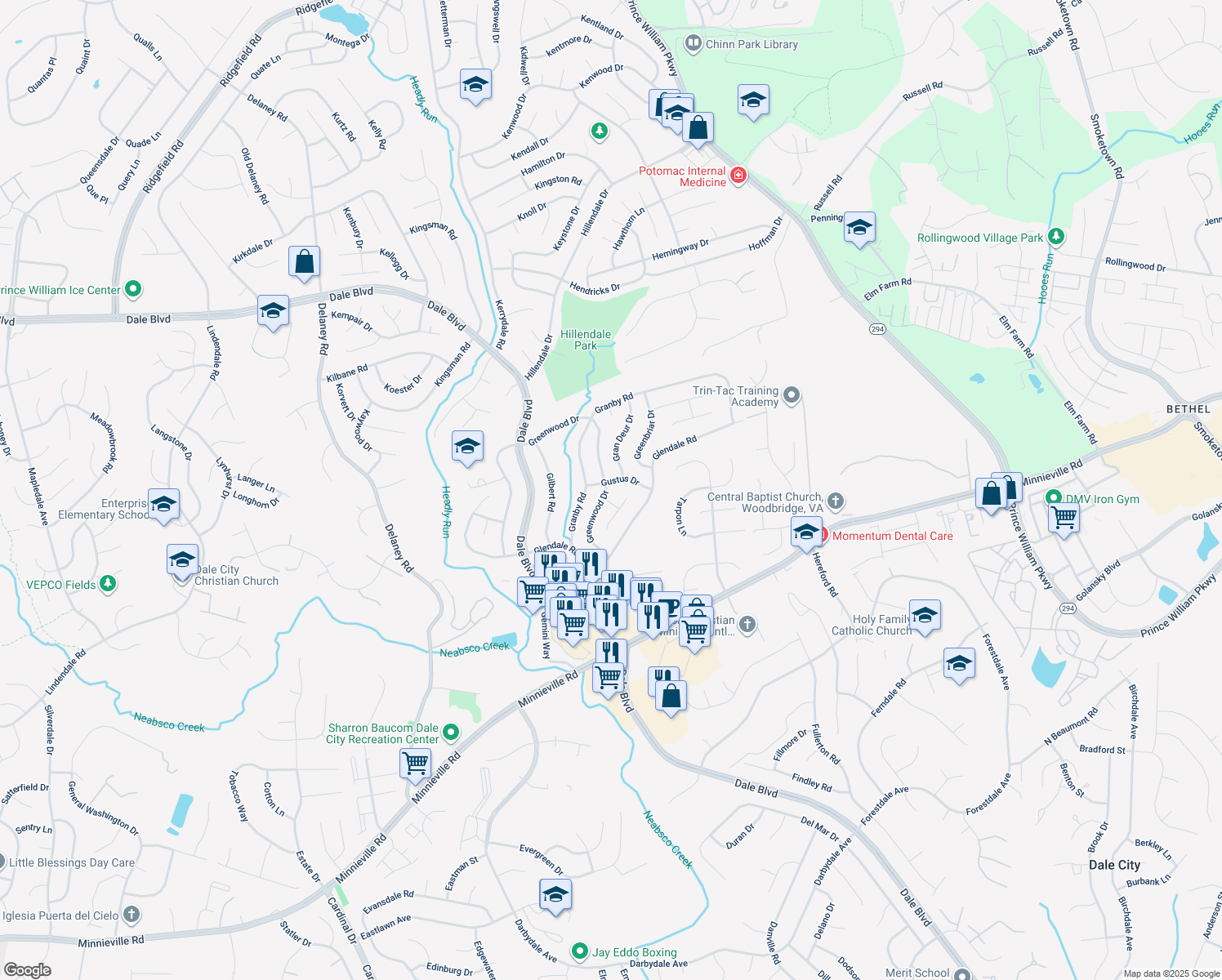 map of restaurants, bars, coffee shops, grocery stores, and more near 13803 Greenwood Drive in Woodbridge