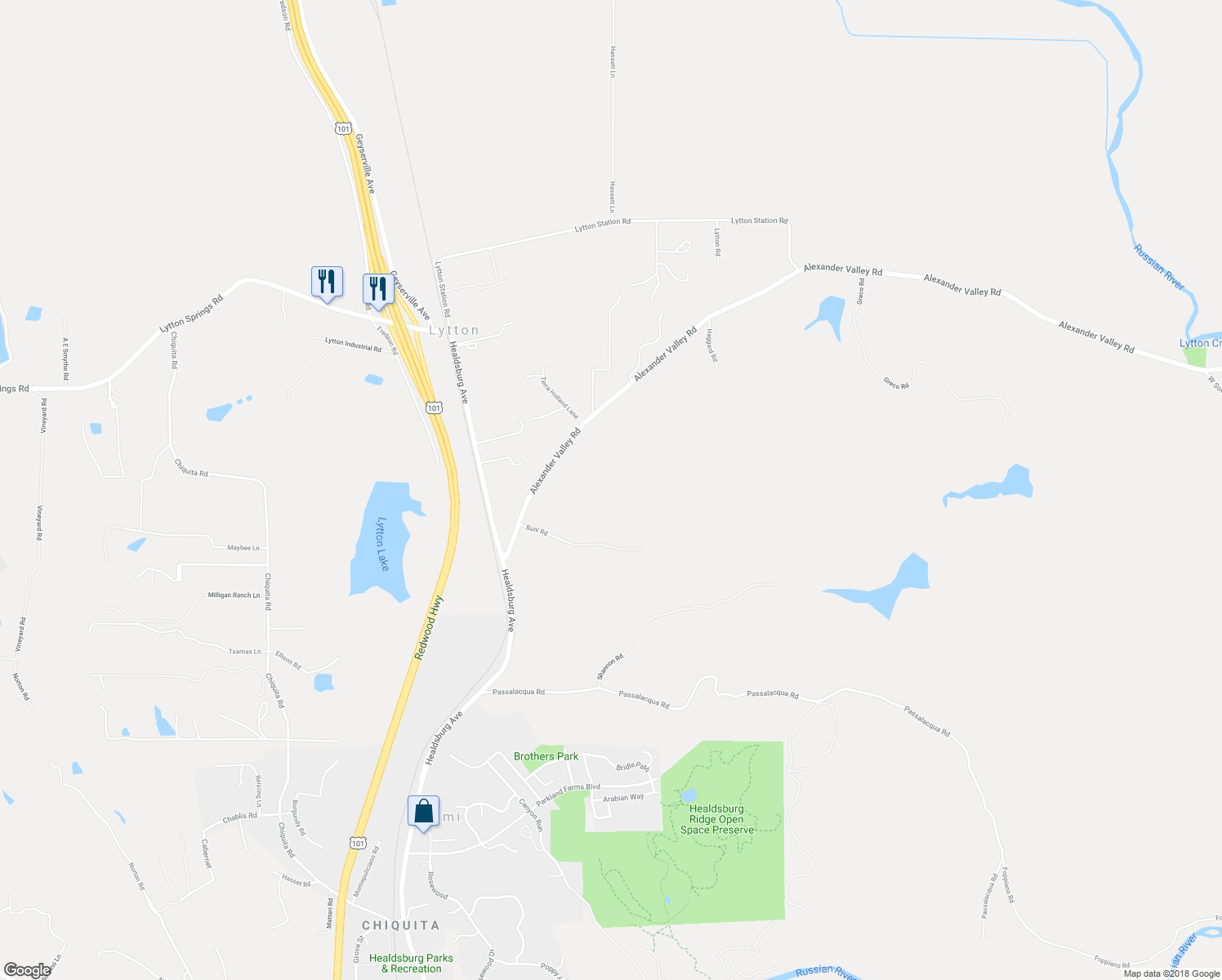 map of restaurants, bars, coffee shops, grocery stores, and more near 400 Alexander Valley Road in Healdsburg