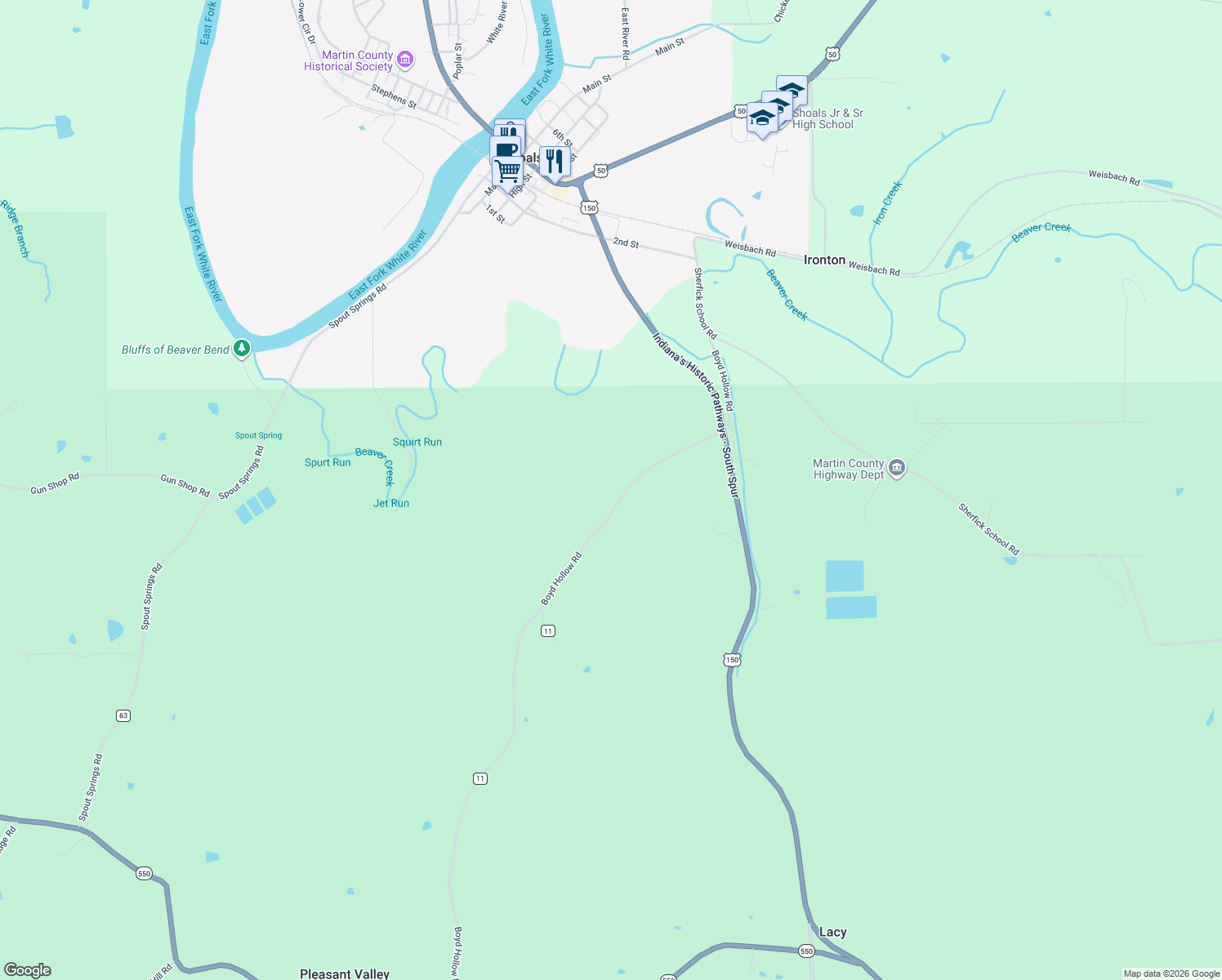 map of restaurants, bars, coffee shops, grocery stores, and more near 10520 Boyd Hollow Road in Shoals