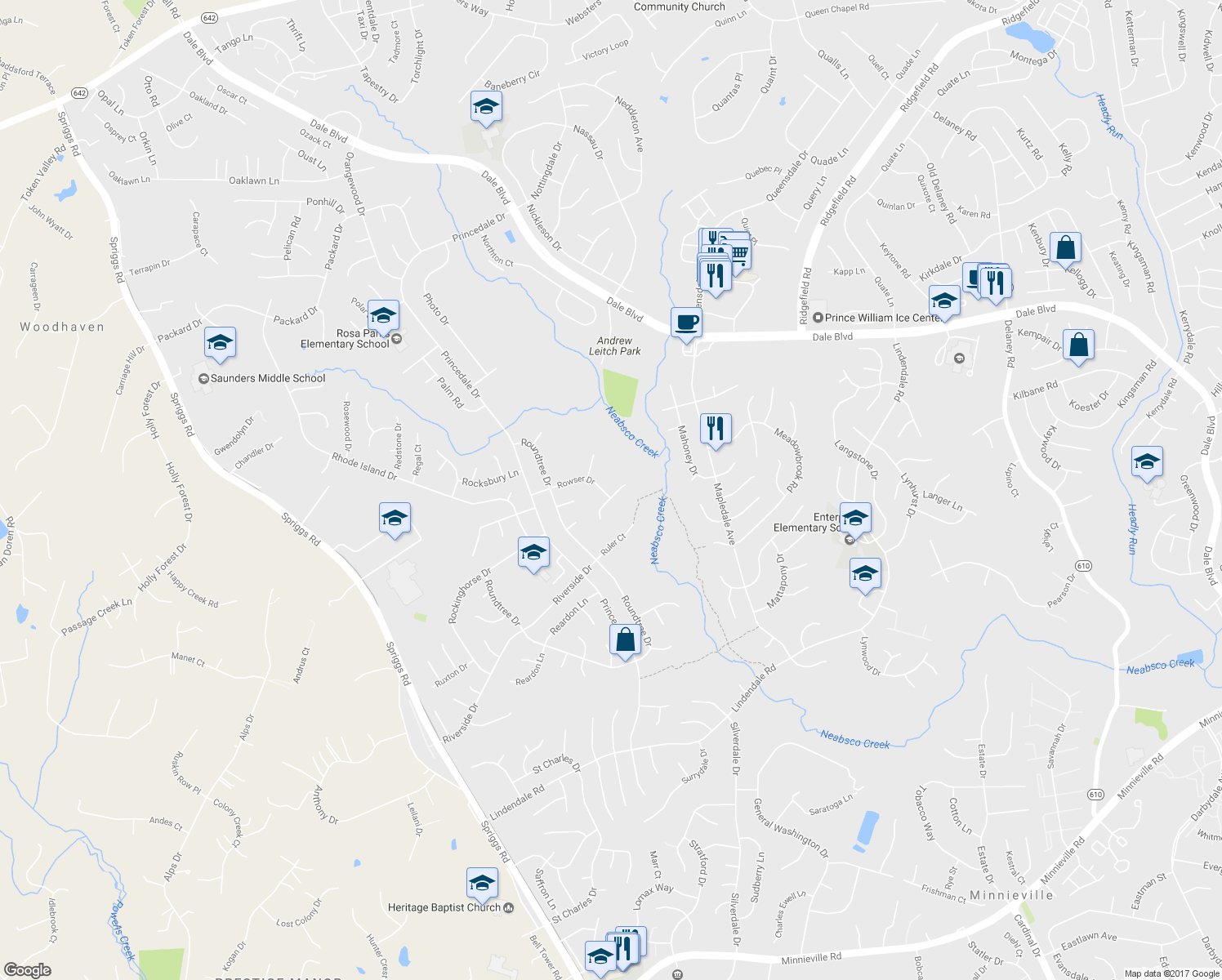 map of restaurants, bars, coffee shops, grocery stores, and more near 5540 Rowser Drive in Woodbridge