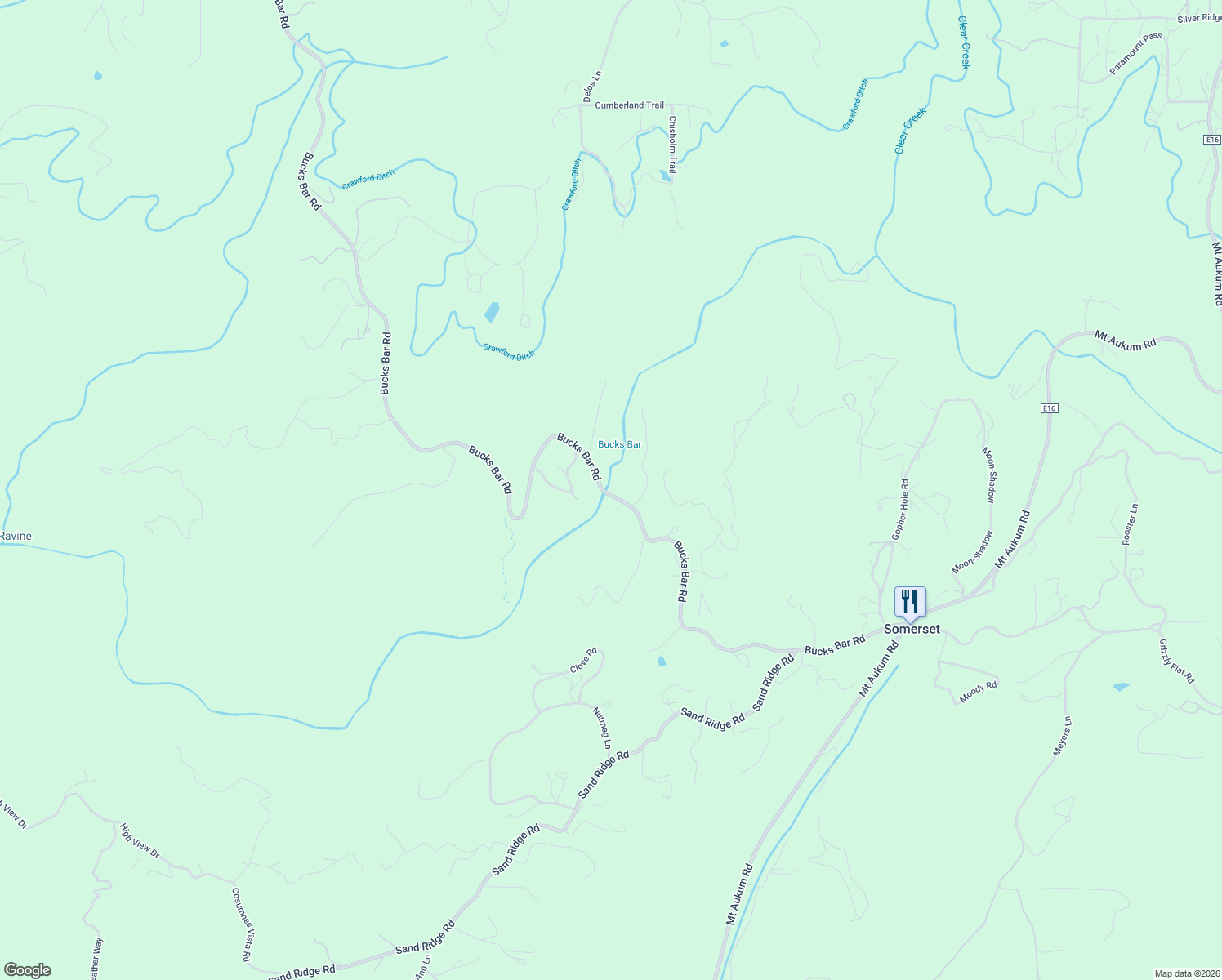 map of restaurants, bars, coffee shops, grocery stores, and more near 5641 Bucks Bar Road in Placerville