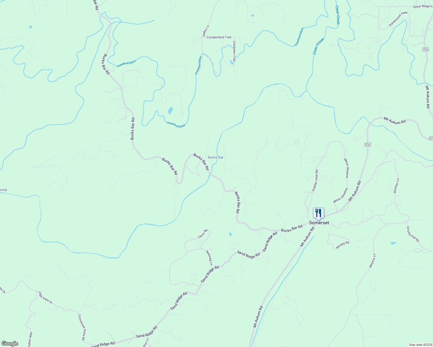 map of restaurants, bars, coffee shops, grocery stores, and more near 5641 Bucks Bar Road in Placerville