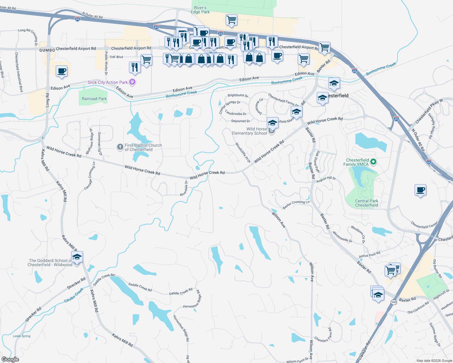map of restaurants, bars, coffee shops, grocery stores, and more near 16921 Todd Evan Trail in Chesterfield