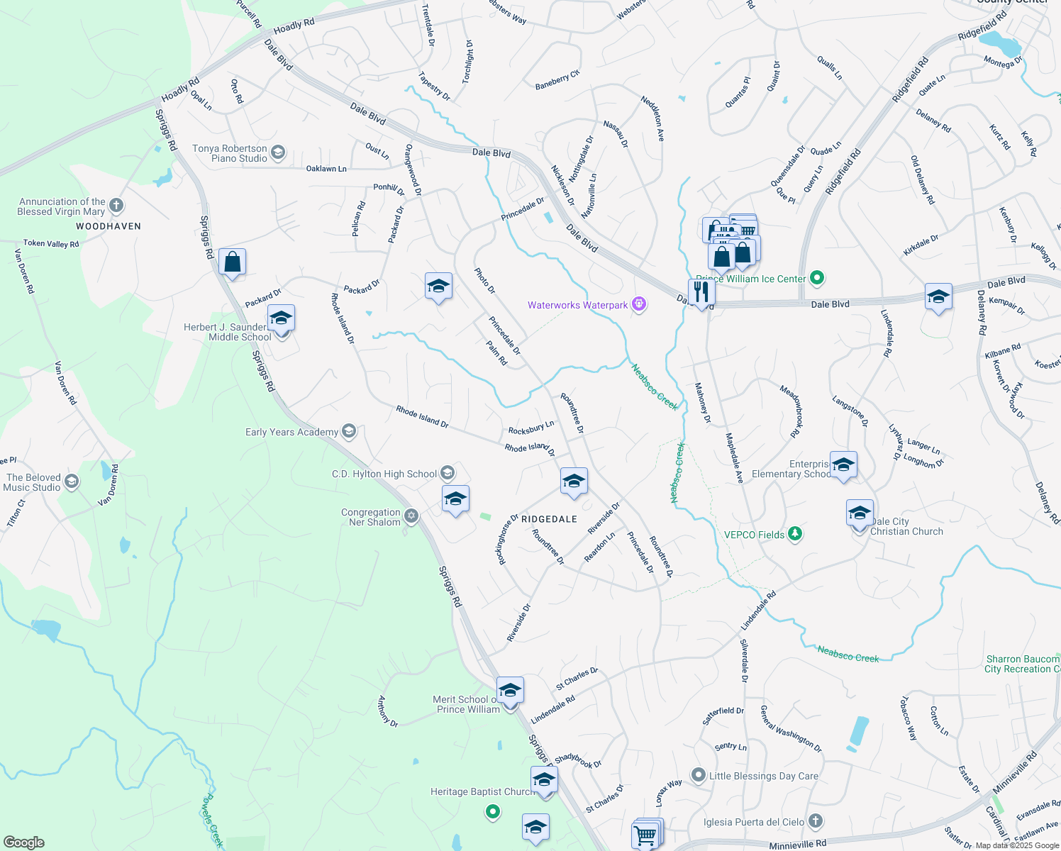 map of restaurants, bars, coffee shops, grocery stores, and more near 5730 Rocksbury Lane in Woodbridge