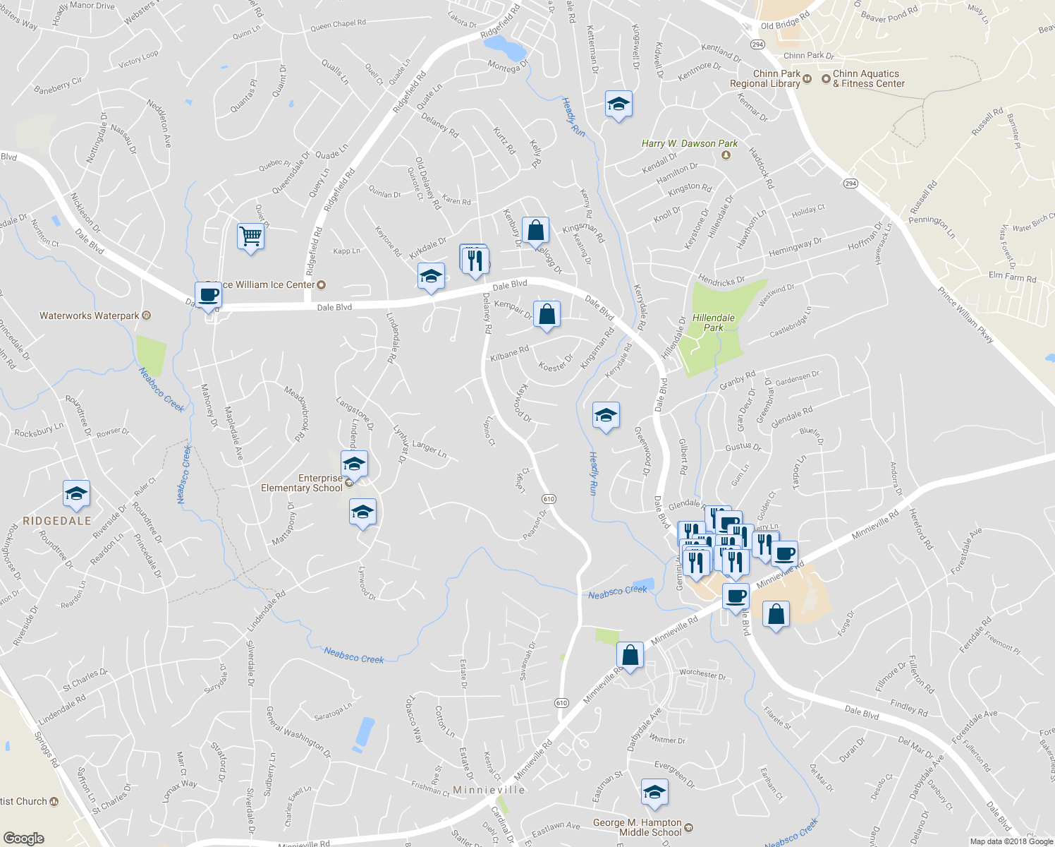 map of restaurants, bars, coffee shops, grocery stores, and more near 13722 Kaywood Drive in Woodbridge