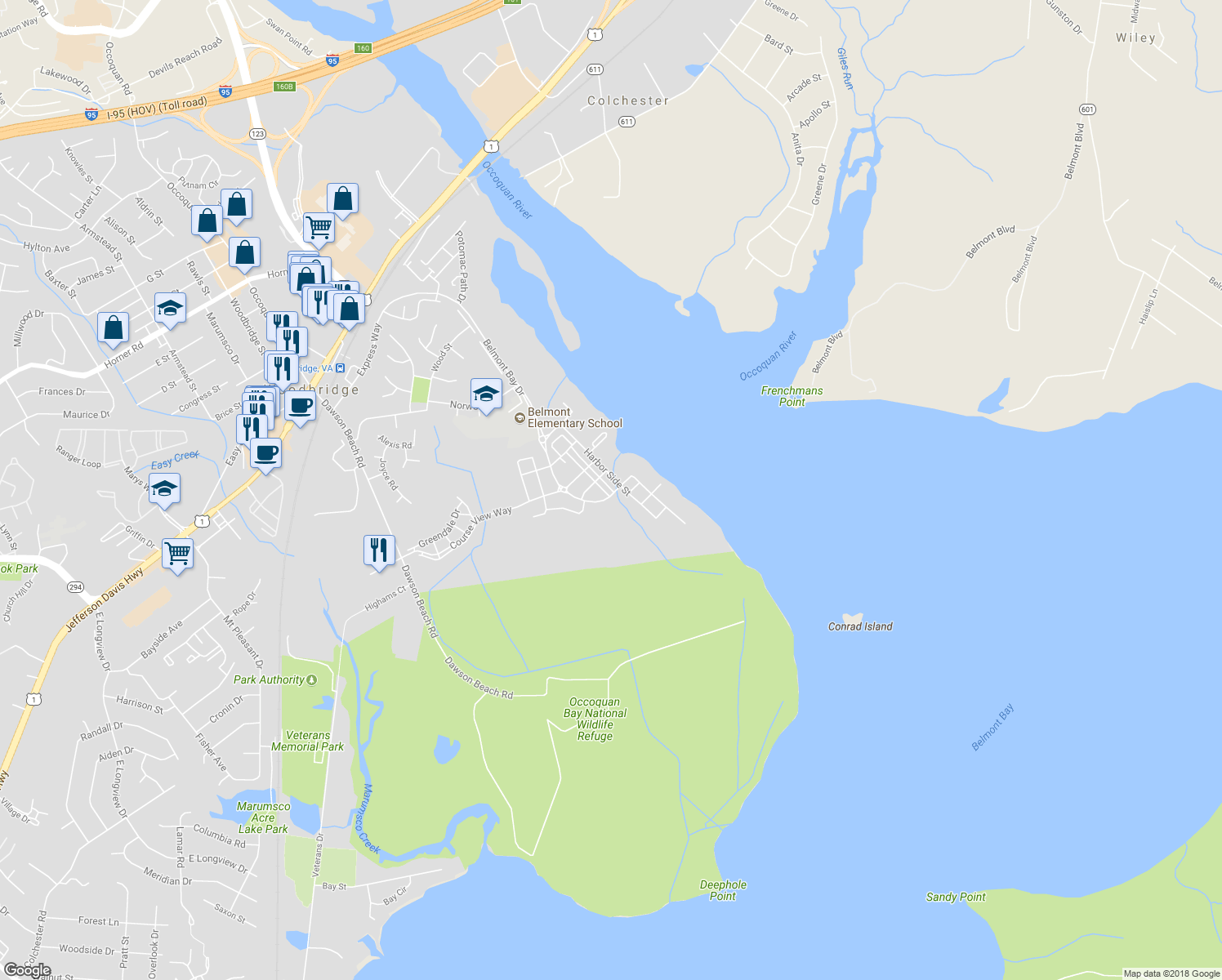 map of restaurants, bars, coffee shops, grocery stores, and more near 552 Marina Landing Lane in Woodbridge