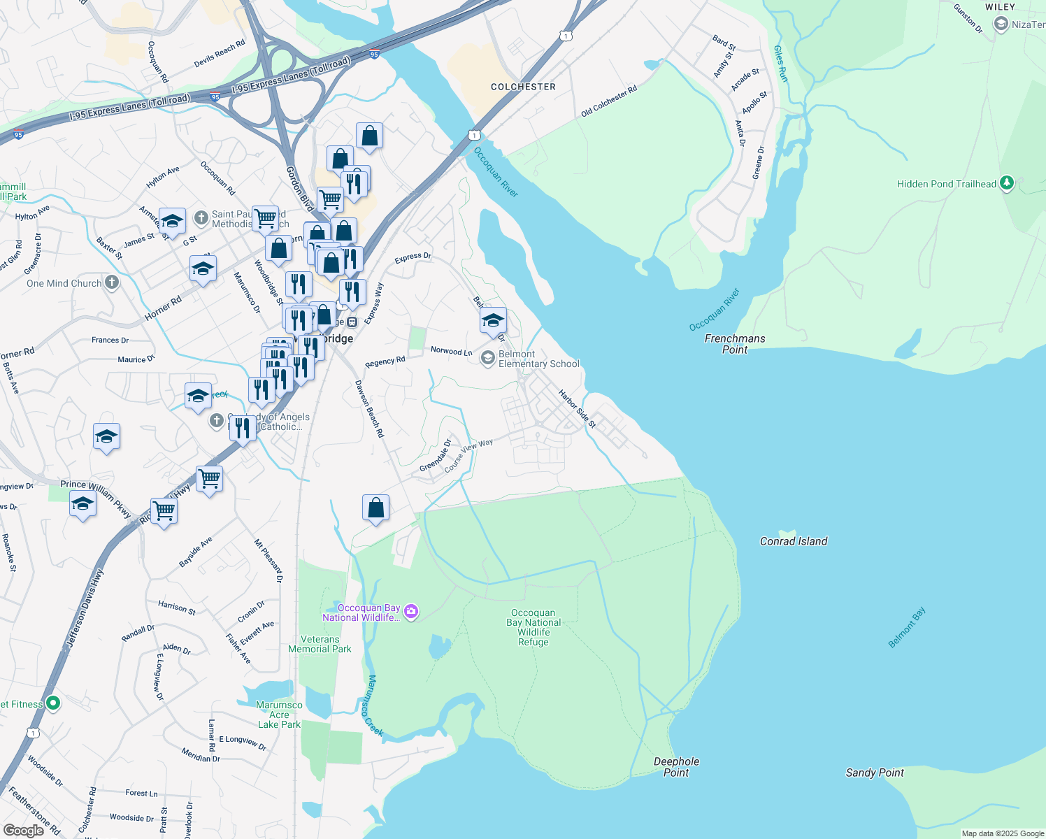 map of restaurants, bars, coffee shops, grocery stores, and more near 702 Vestal Street in Woodbridge